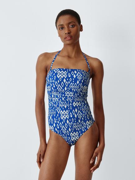 John Lewis Malay Ikat Ruched Medium Control Bandeau Swimsuit, Navy Blue, Navy Blue