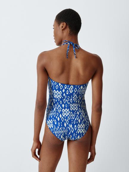 John Lewis Malay Ikat Ruched Medium Control Bandeau Swimsuit, Navy Blue - view 2, Navy Blue