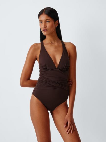John Lewis Paris High Apex Wrap Front Swimsuit, Chocolate, Chocolate