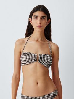 John Lewis Gingham Tie Back Bandeau Bikini Top, Chocolate, Chocolate