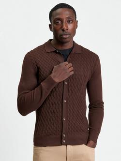 Ben Sherman Cotton Blend Regular Fit Cable Knit Polo Shirt, Dark Brown, Dark Brown