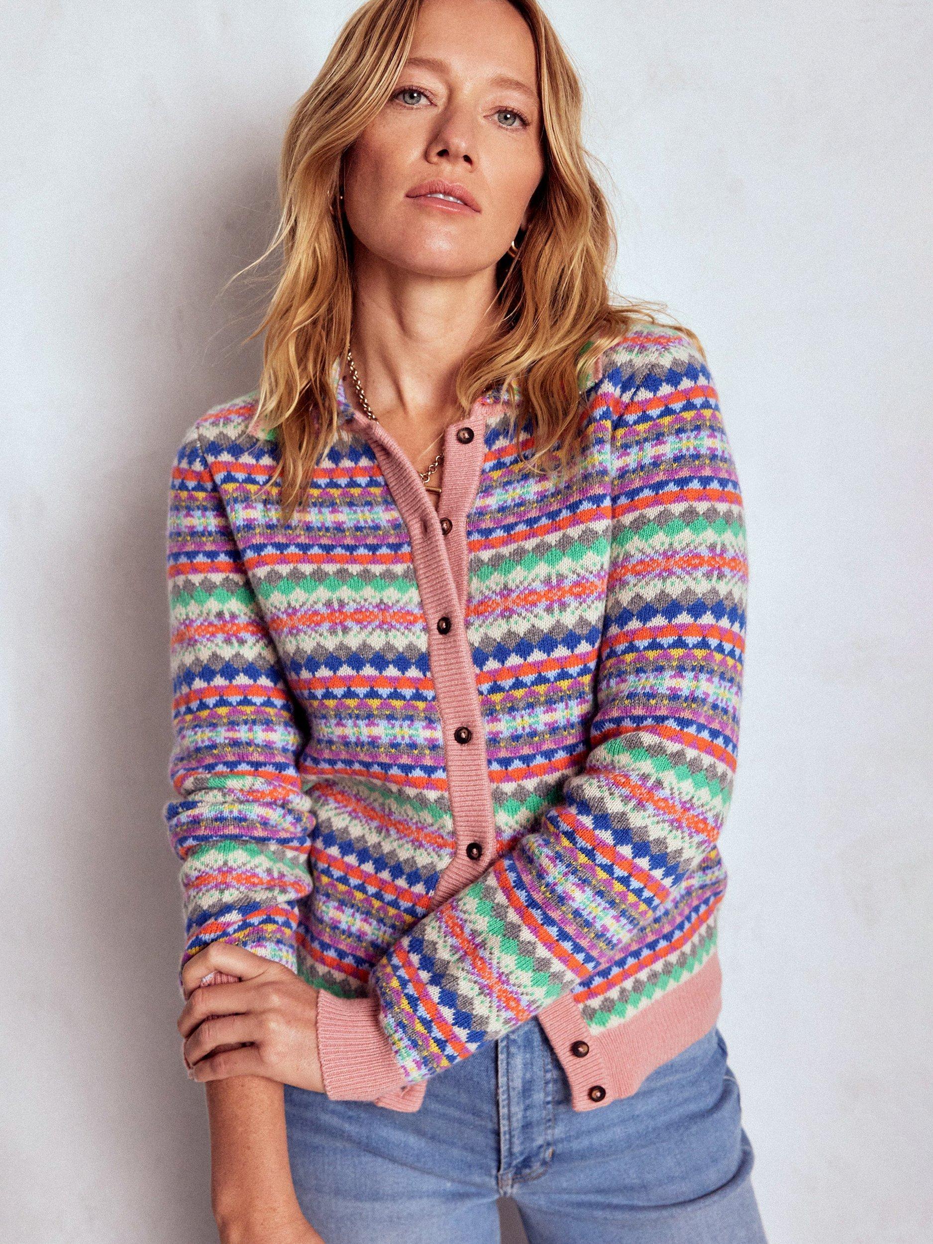 Boden Edie Fair Isle Wool Blend Knitted Jacket, Pink/Multi