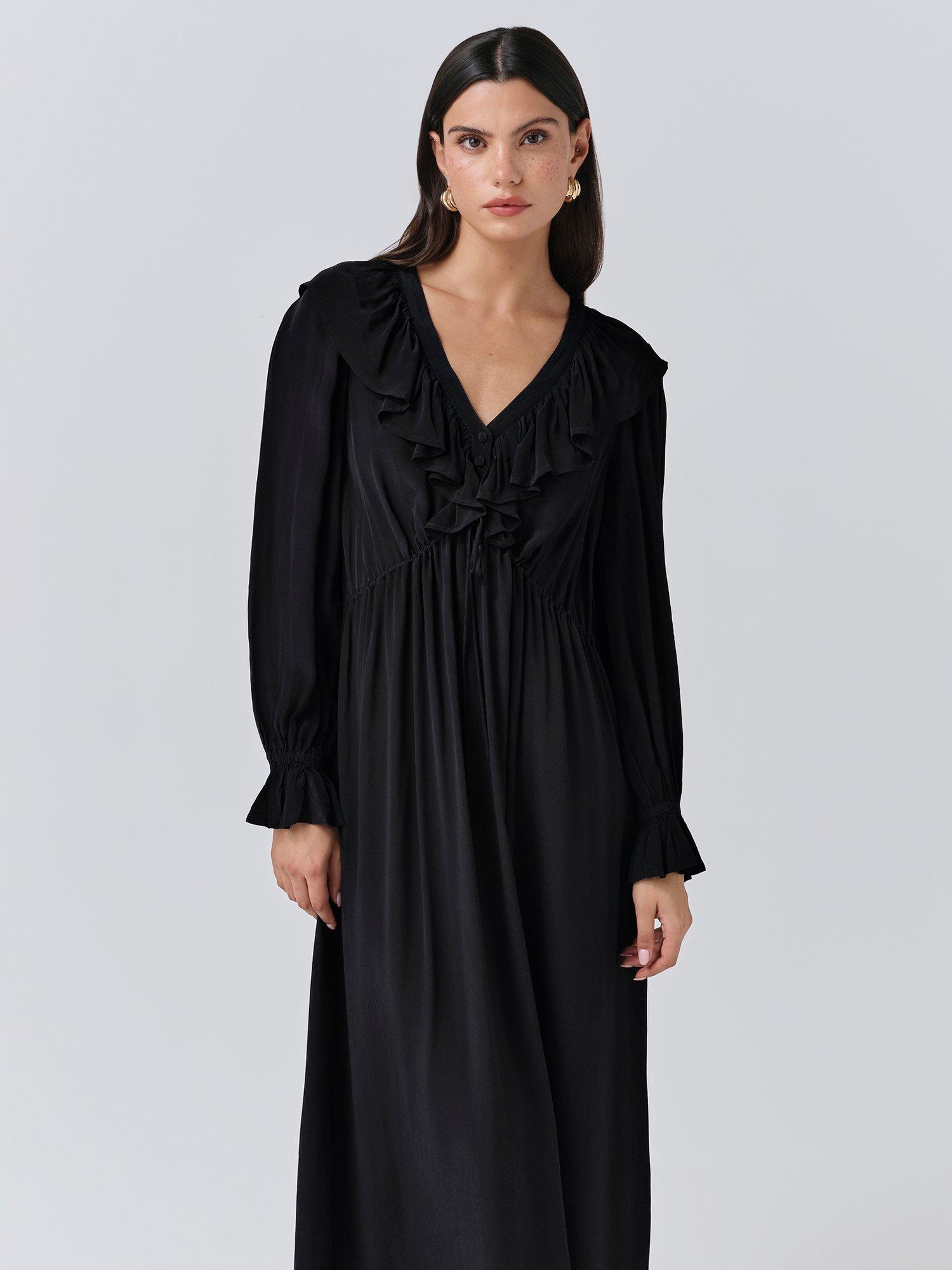Product image 3 of 5, which shows Ghost Aurora Frill Midi Dress, Black, XS