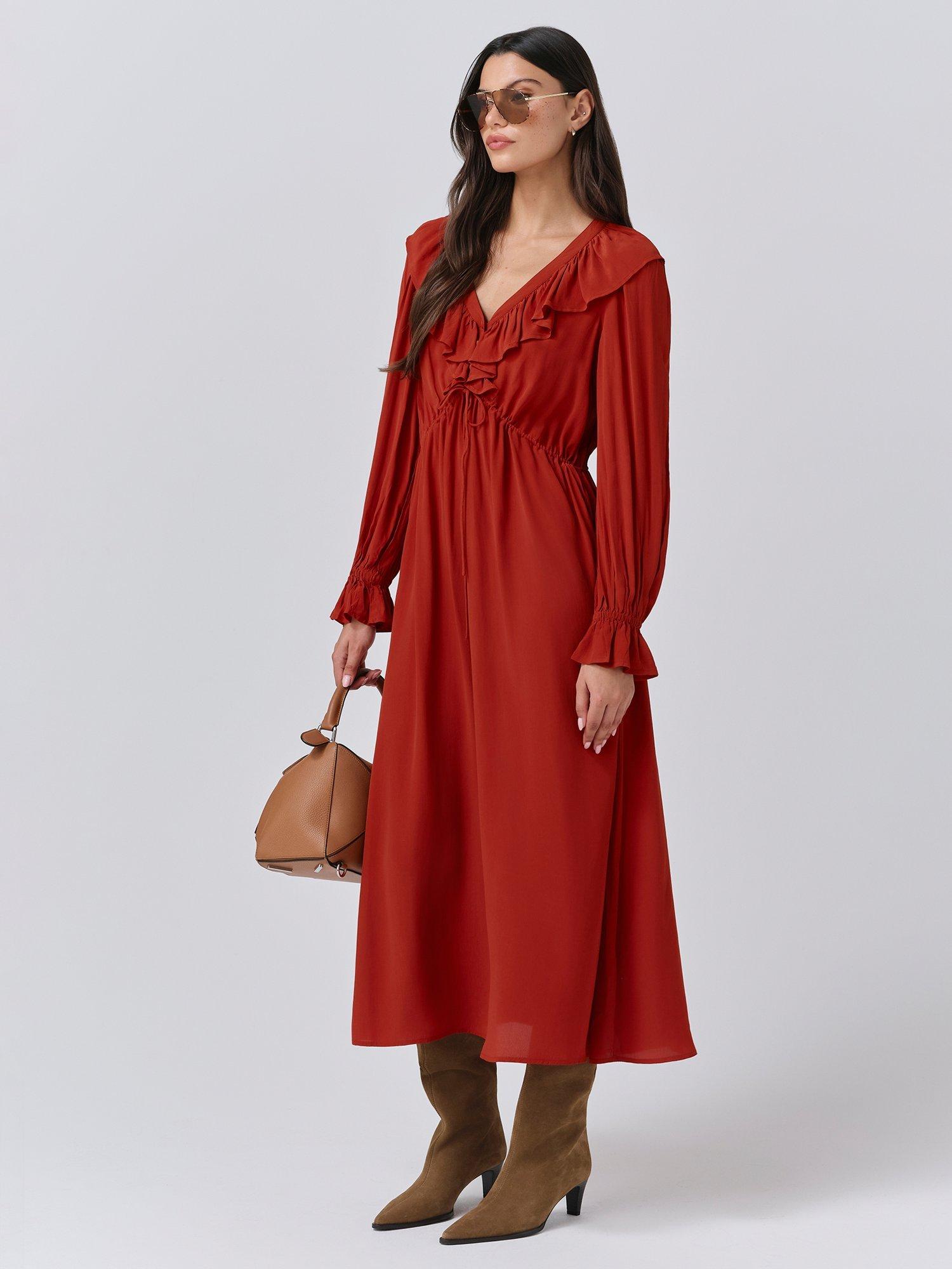 Product image 3 of 5, which shows Ghost Aurora Frill Midi Dress, Burnt Orange, XS