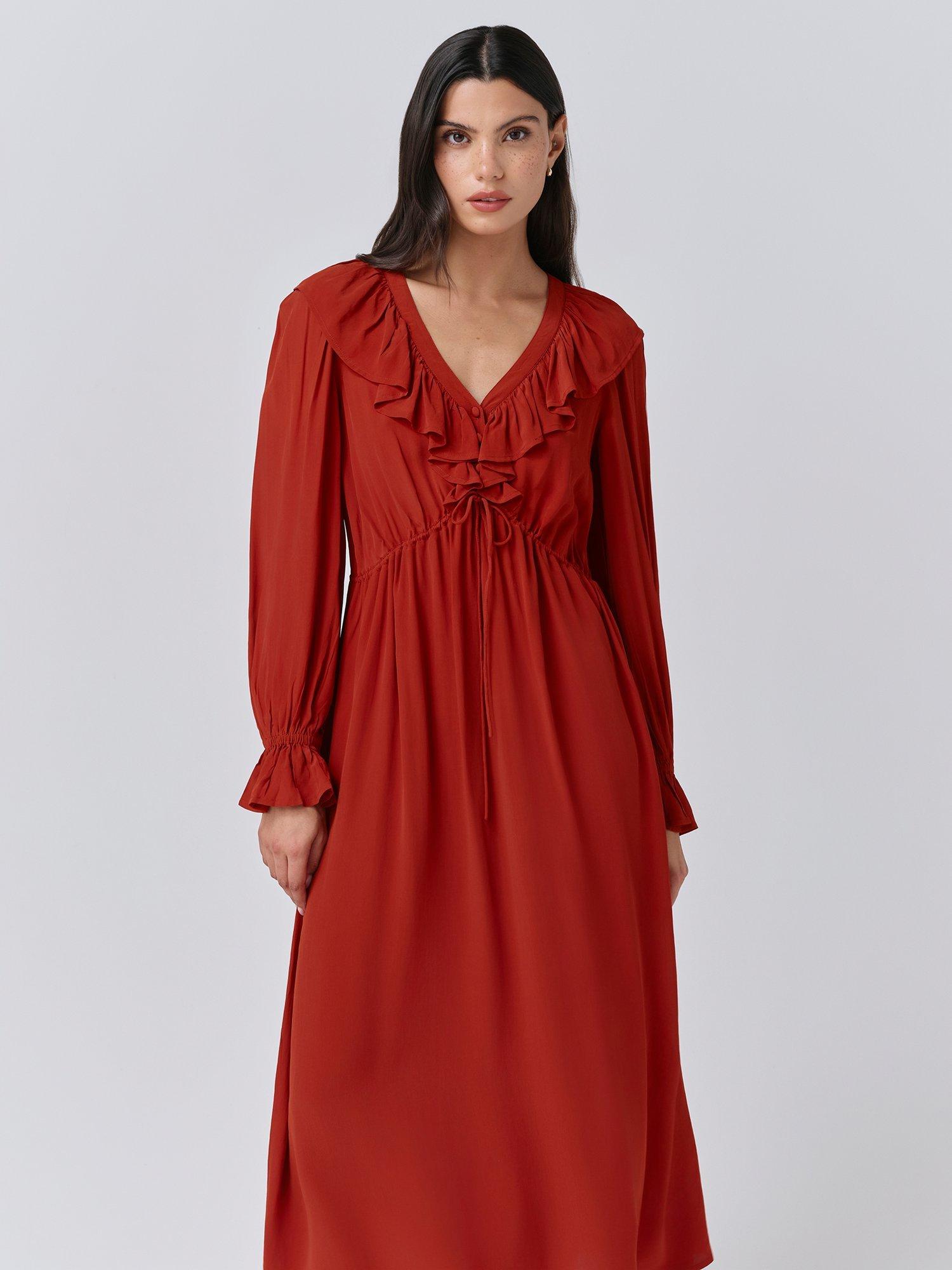 Product image 4 of 5, which shows Ghost Aurora Frill Midi Dress, Burnt Orange, XS