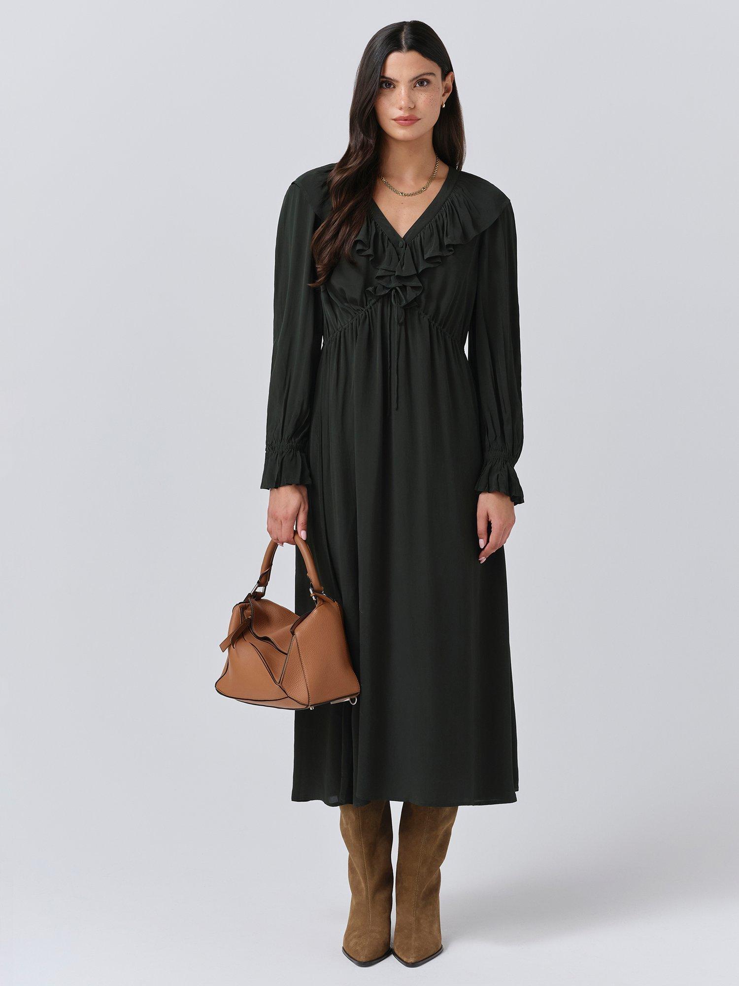 Product image 1 of 5, which shows Ghost Aurora Frill Midi Dress, Forest Green, XS