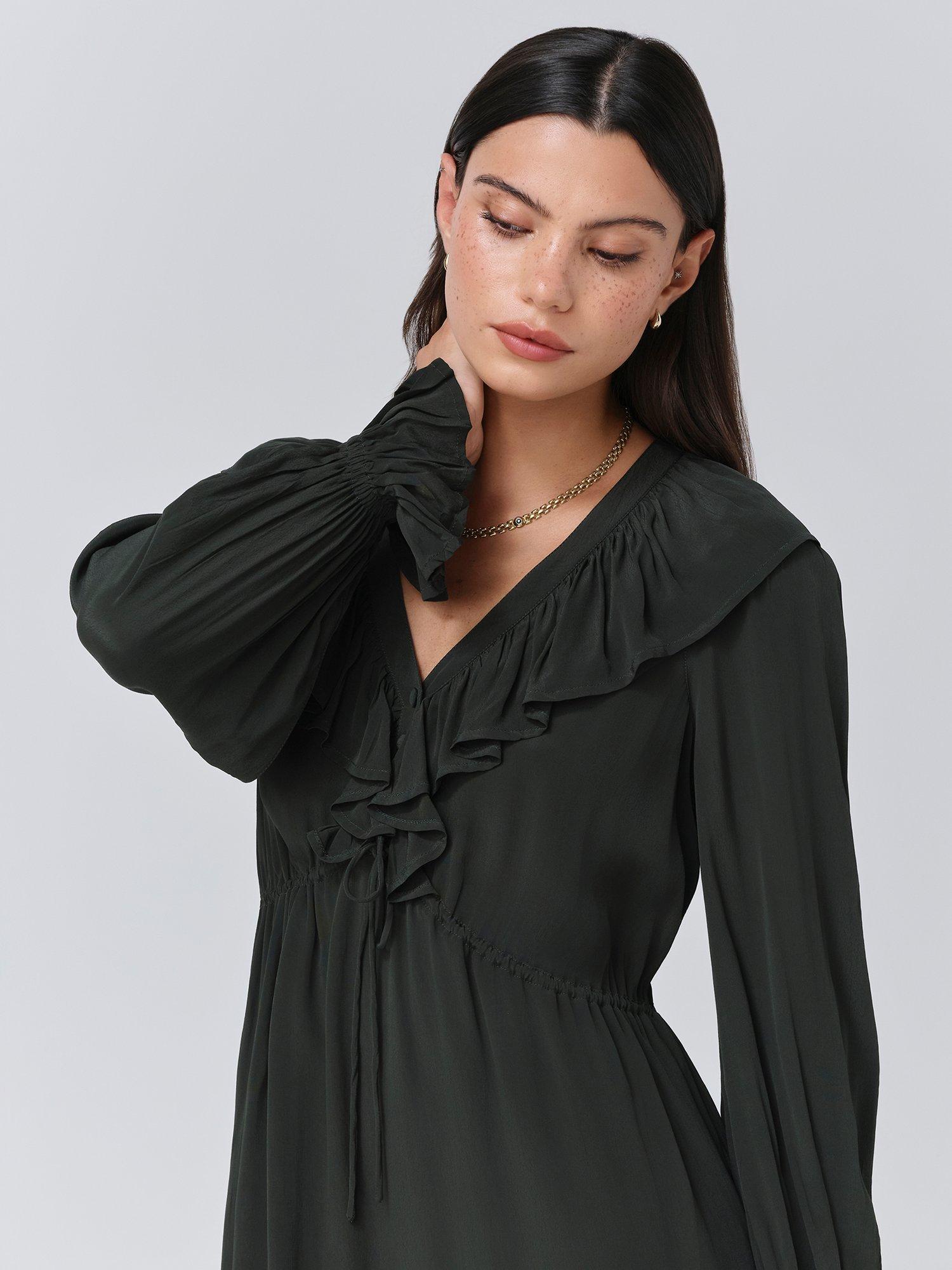 Product image 2 of 5, which shows Ghost Aurora Frill Midi Dress, Forest Green, XS