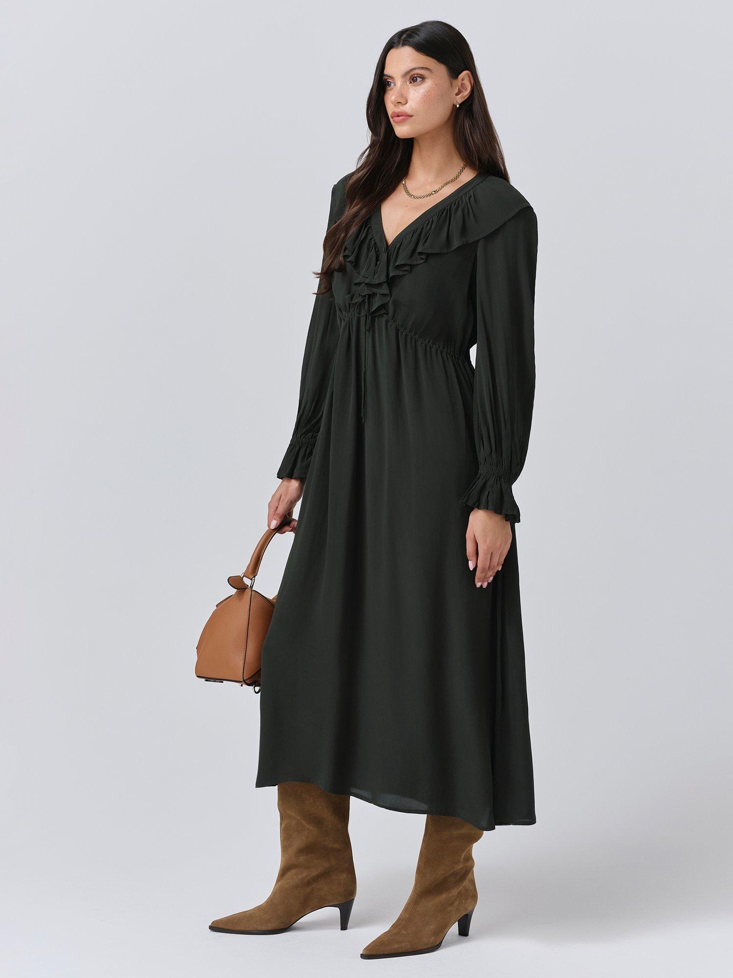 Product image 3 of 5, which shows Ghost Aurora Frill Midi Dress, Forest Green, XS