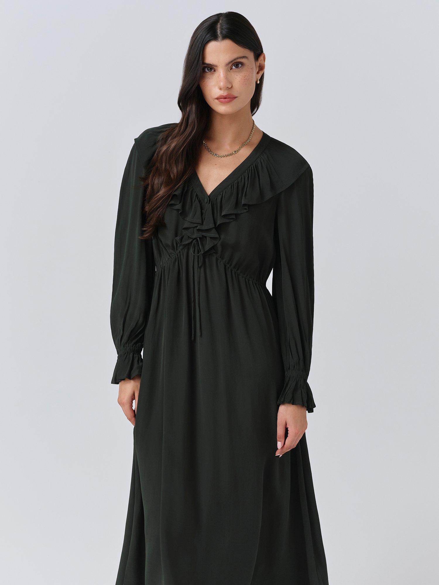 Product image 4 of 5, which shows Ghost Aurora Frill Midi Dress, Forest Green, XS