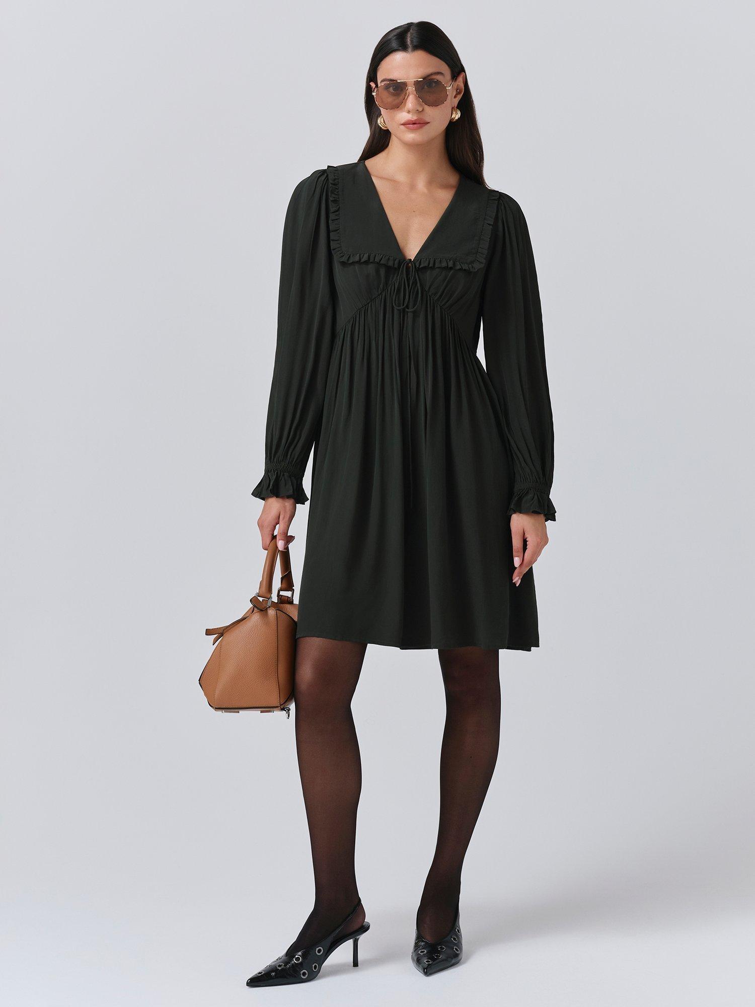 Product image 1 of 5, which shows Ghost Bianca Ruffle Mini Dress, Forest Green, XS