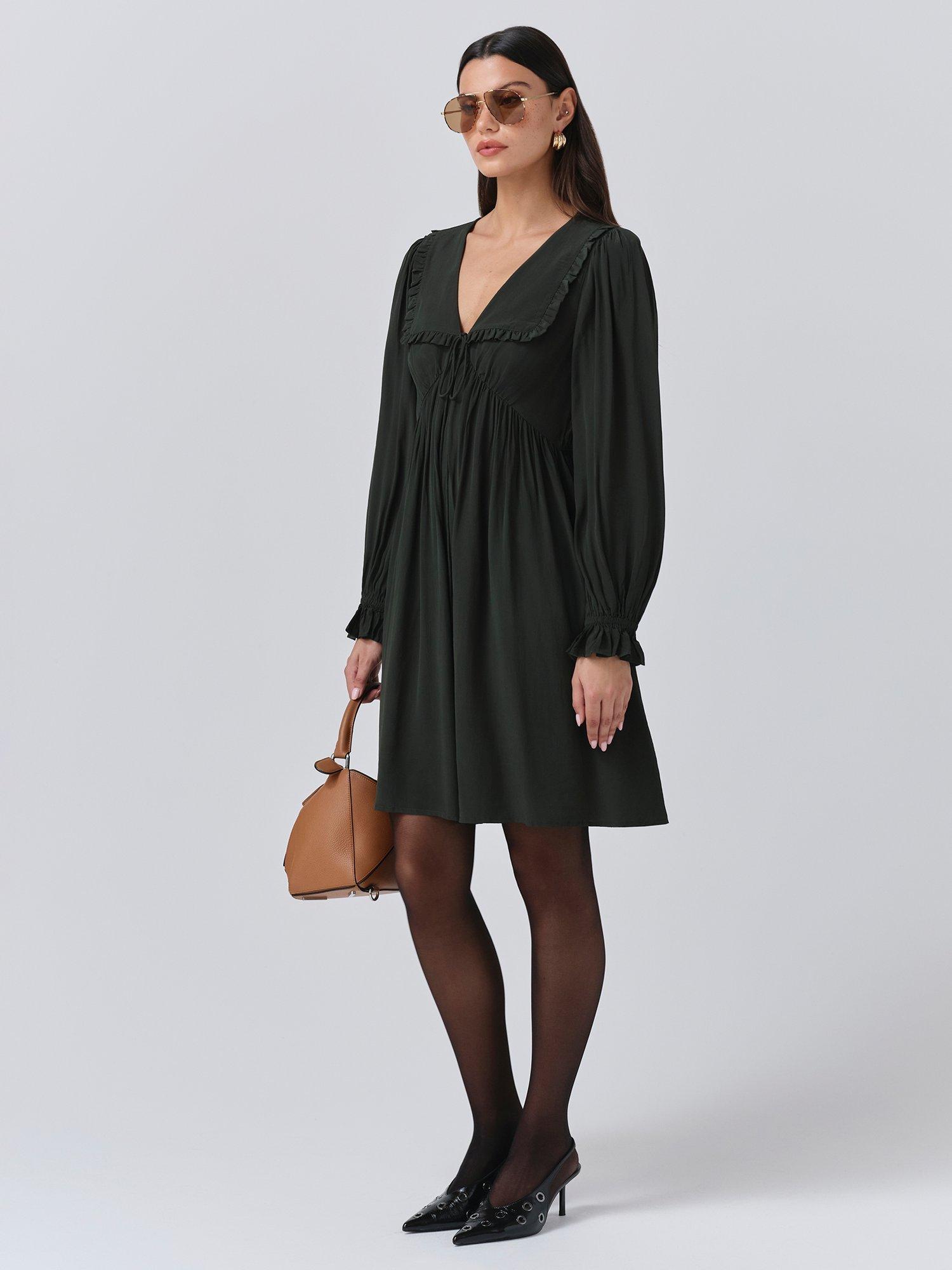Product image 3 of 5, which shows Ghost Bianca Ruffle Mini Dress, Forest Green, XS