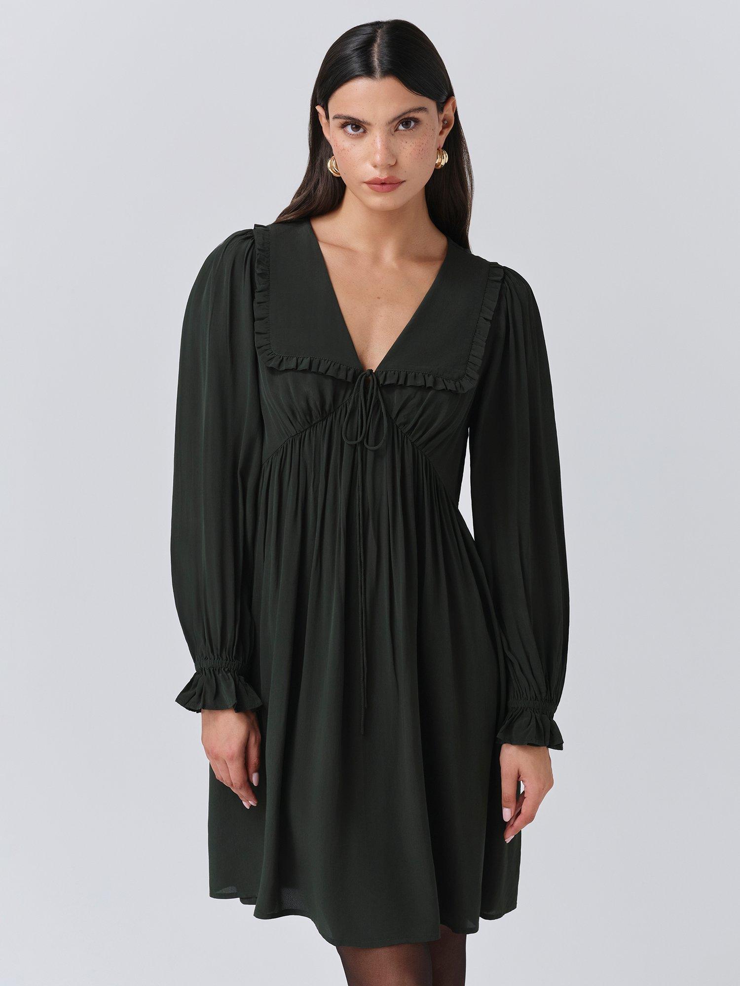 Product image 4 of 5, which shows Ghost Bianca Ruffle Mini Dress, Forest Green, XS