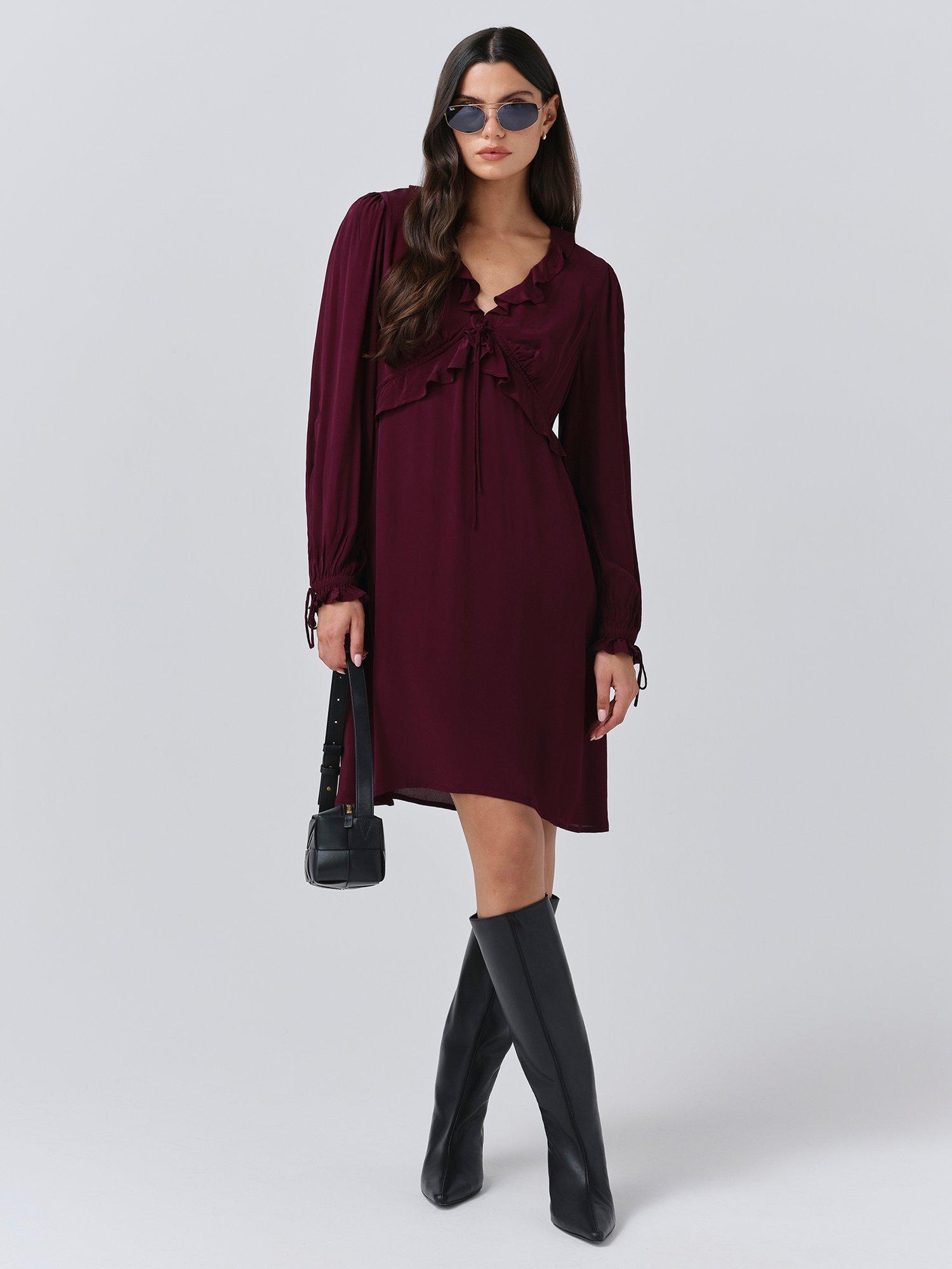 Product image 1 of 5, which shows Ghost Billie Frill Mini Dress, Aubergine, XS