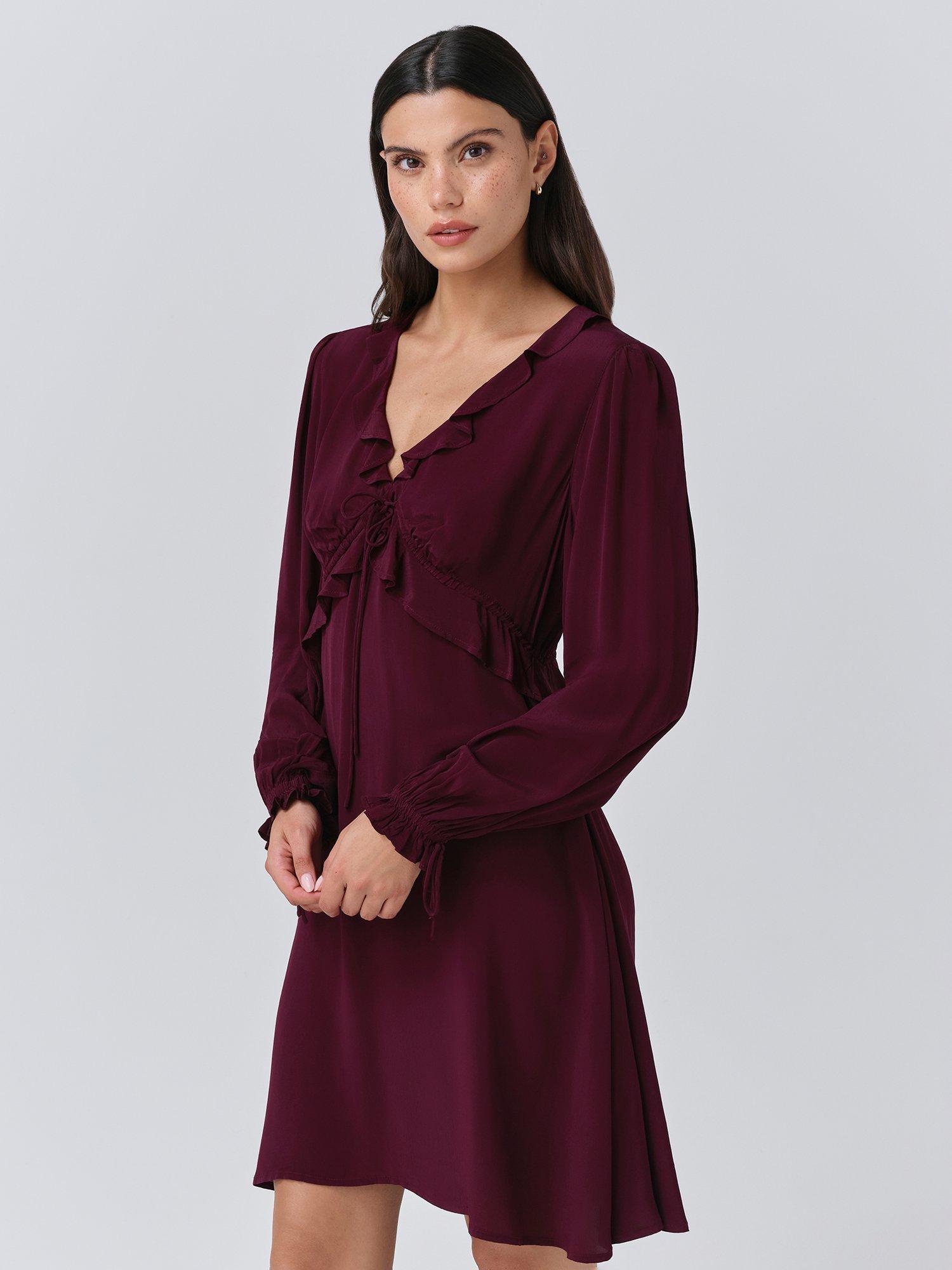 Product image 2 of 5, which shows Ghost Billie Frill Mini Dress, Aubergine, XS