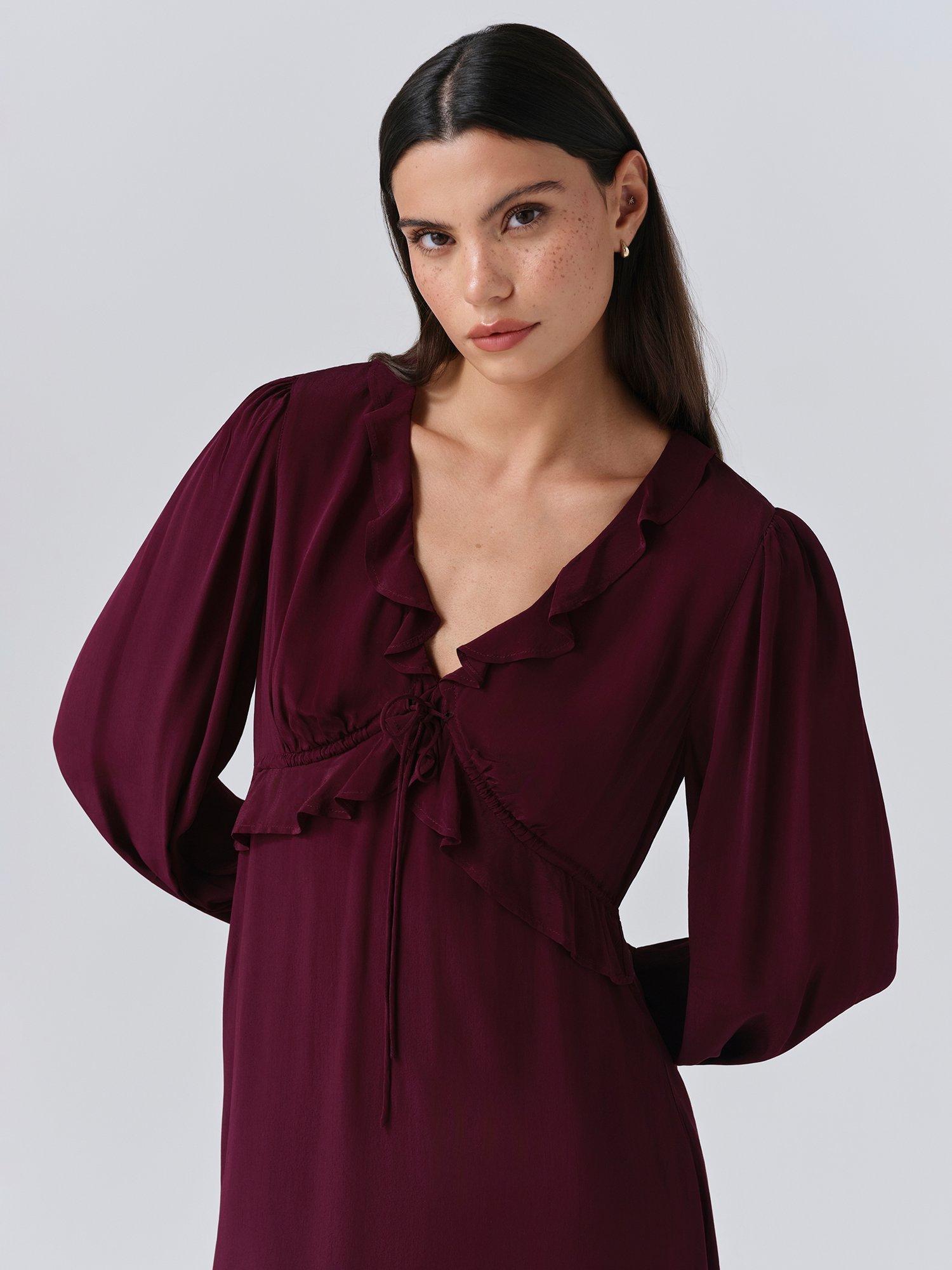 Product image 3 of 5, which shows Ghost Billie Frill Mini Dress, Aubergine, XS