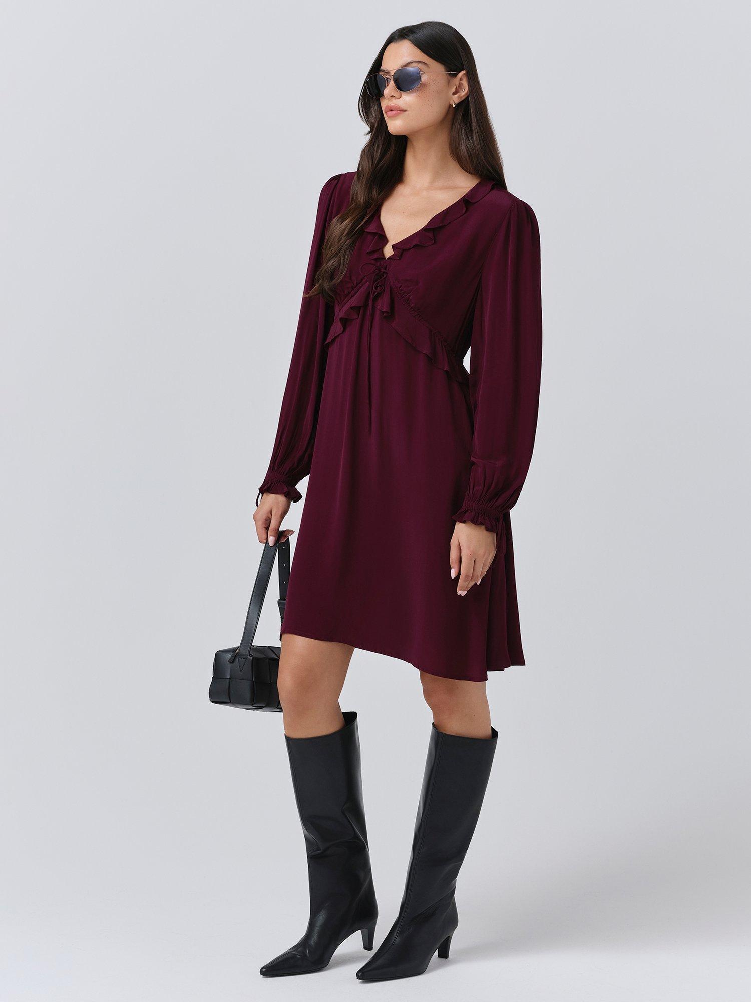 Product image 4 of 5, which shows Ghost Billie Frill Mini Dress, Aubergine, XS