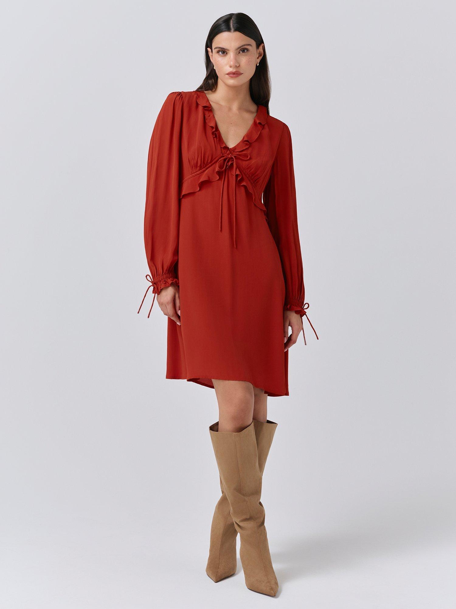 Product image 1 of 5, which shows Ghost Billie Frill Mini Dress, Burnt Orange, XS