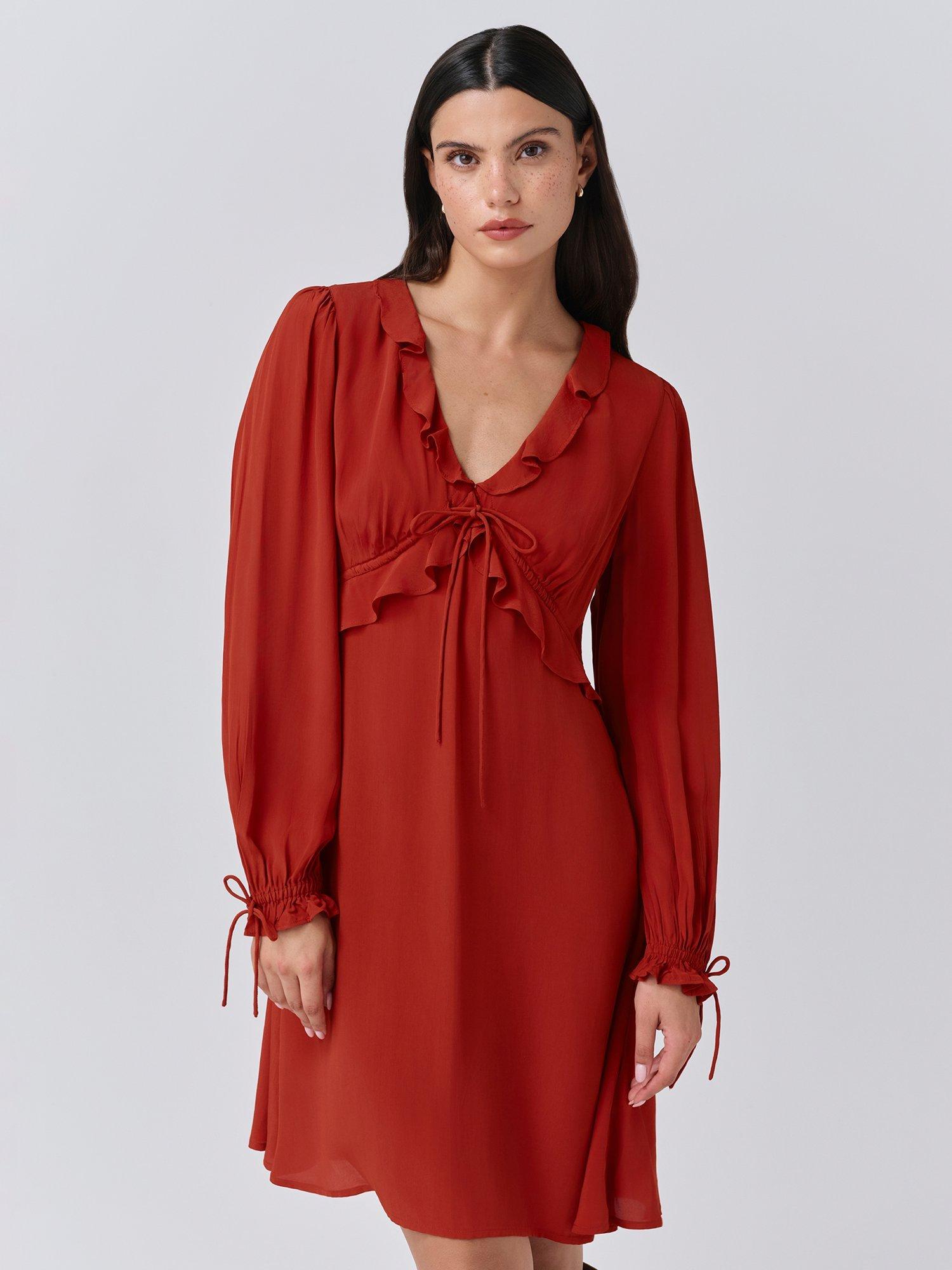 Product image 2 of 5, which shows Ghost Billie Frill Mini Dress, Burnt Orange, XS