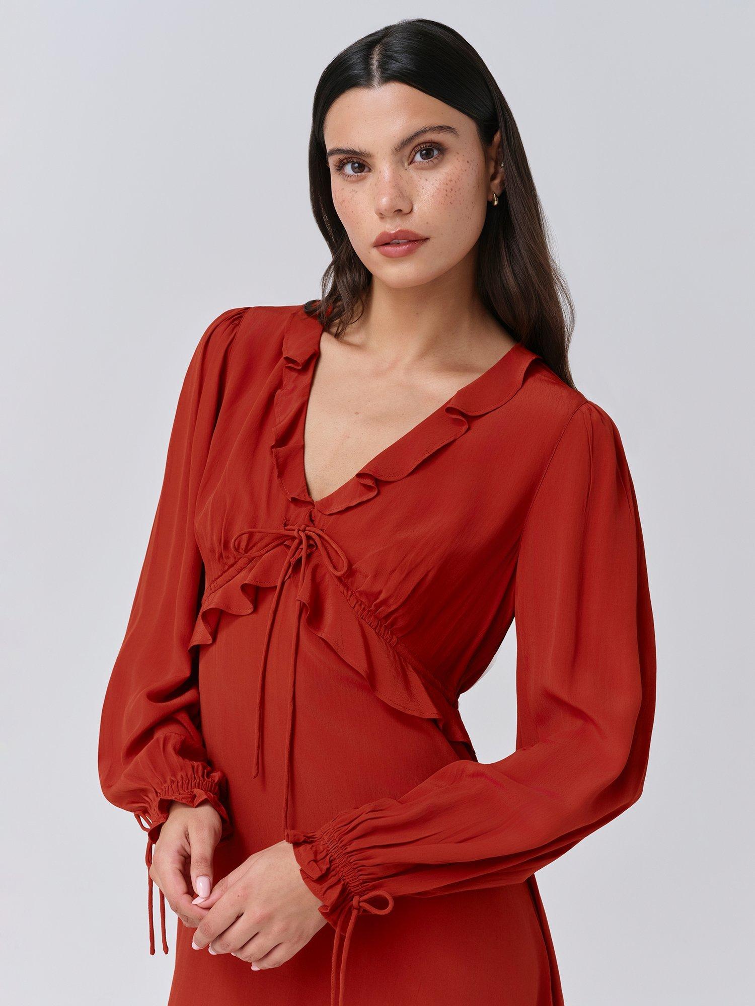 Product image 3 of 5, which shows Ghost Billie Frill Mini Dress, Burnt Orange, XS