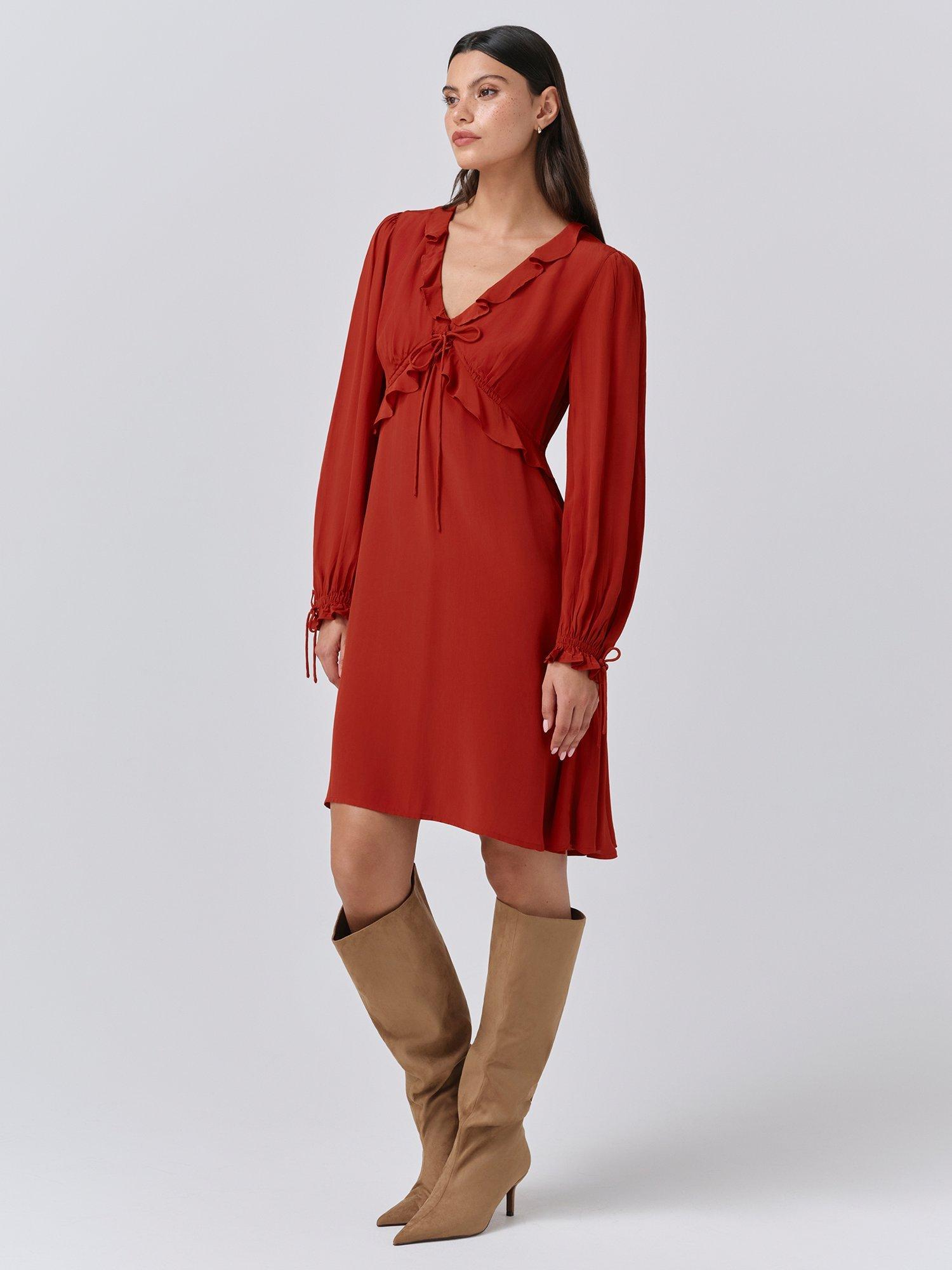 Product image 4 of 5, which shows Ghost Billie Frill Mini Dress, Burnt Orange, XS