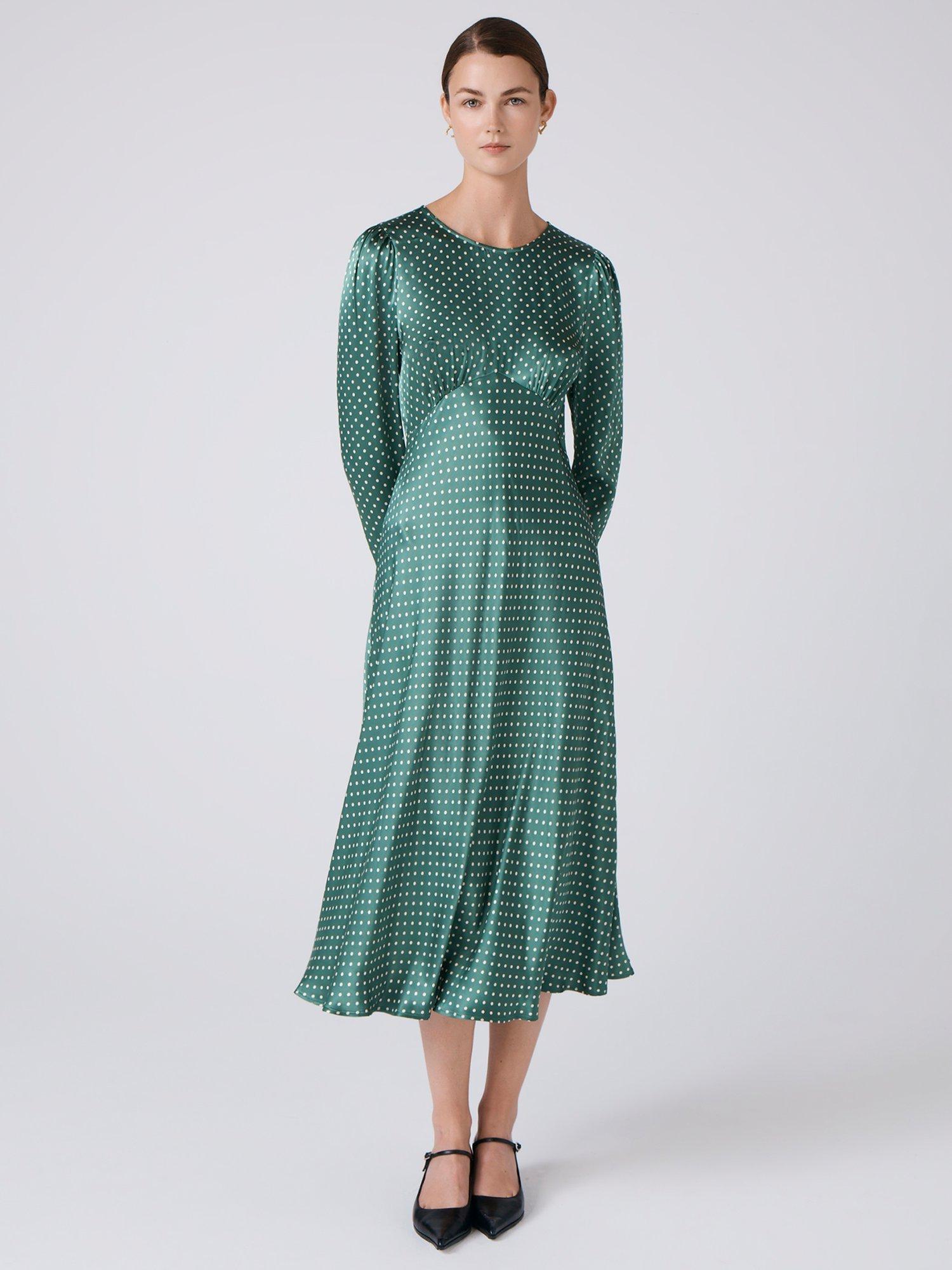 Product image 1 of 5, which shows Ghost Kiara Polka Dot Midi Dress, Green, XS
