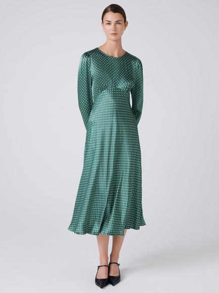 Ghost Kiara Polka Dot Midi Dress, Green, Green