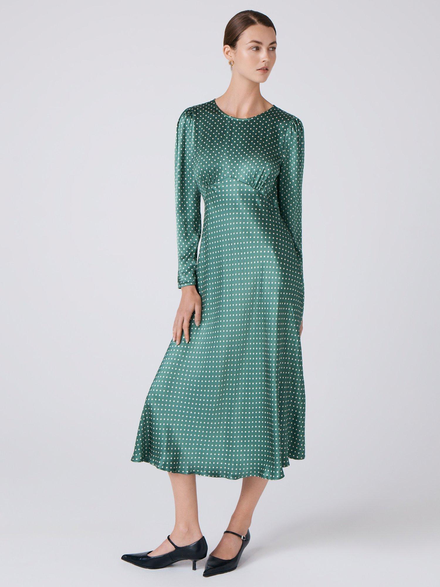 Product image 2 of 5, which shows Ghost Kiara Polka Dot Midi Dress, Green, XS