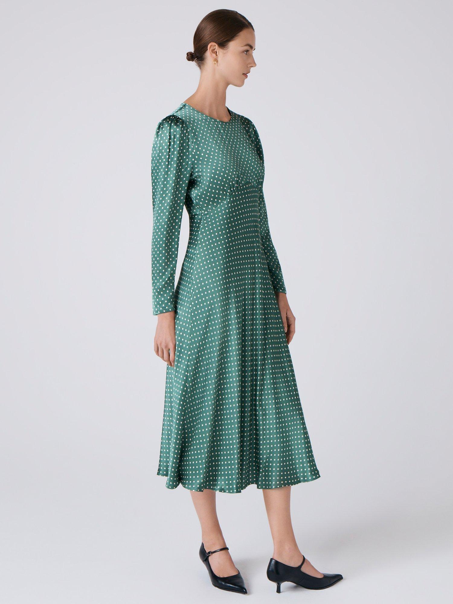 Product image 3 of 5, which shows Ghost Kiara Polka Dot Midi Dress, Green, XS