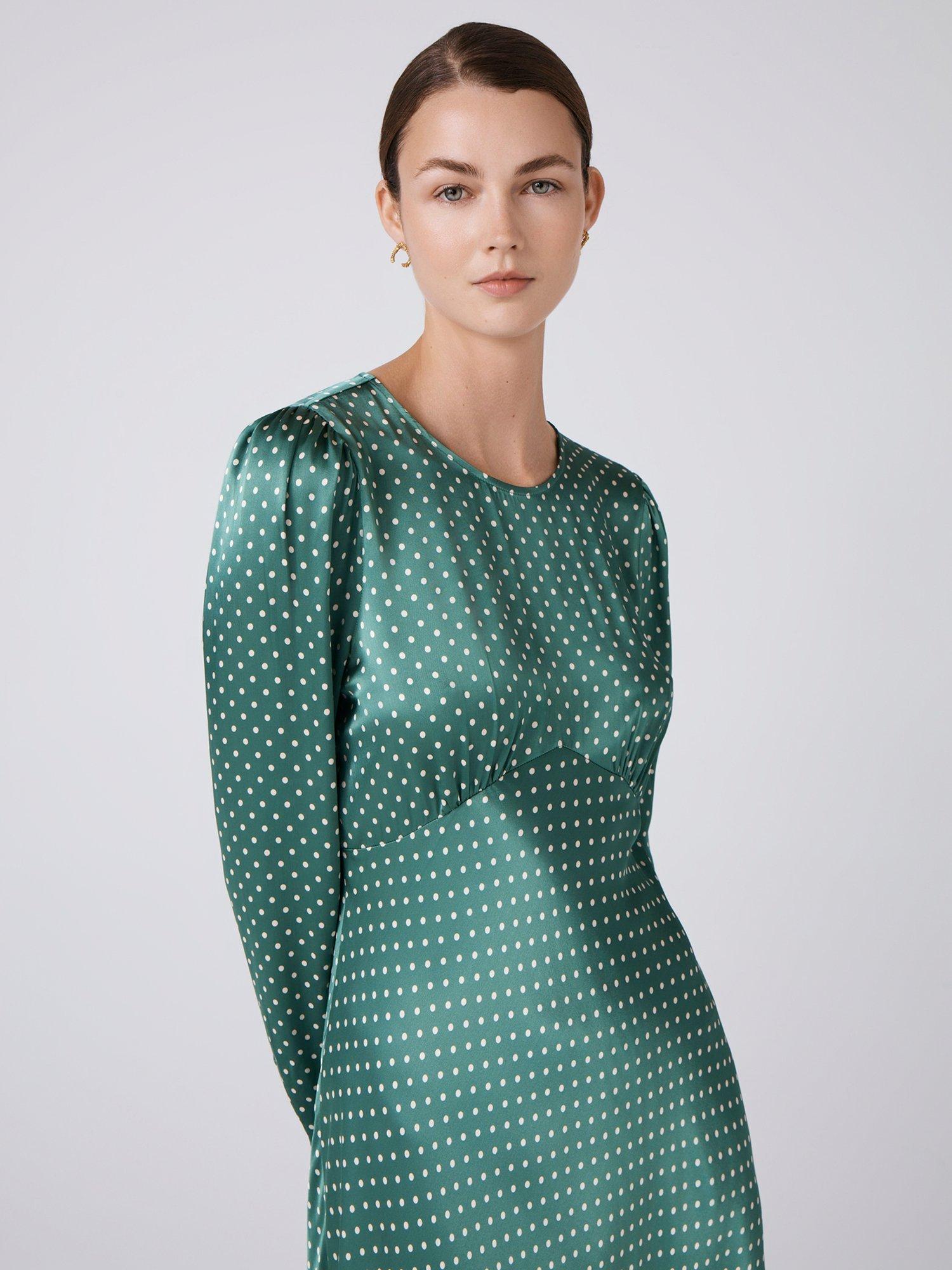 Product image 4 of 5, which shows Ghost Kiara Polka Dot Midi Dress, Green, XS