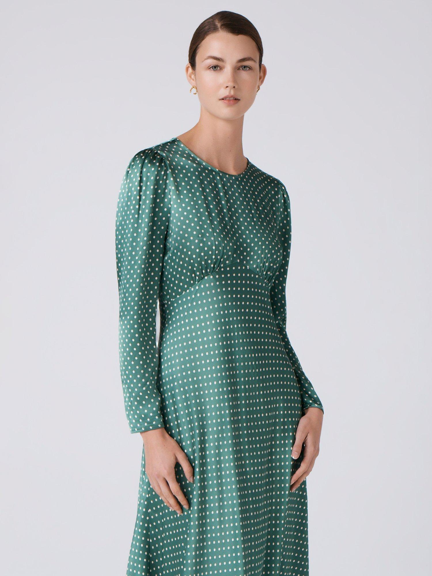 Product image 5 of 5, which shows Ghost Kiara Polka Dot Midi Dress, Green, XS