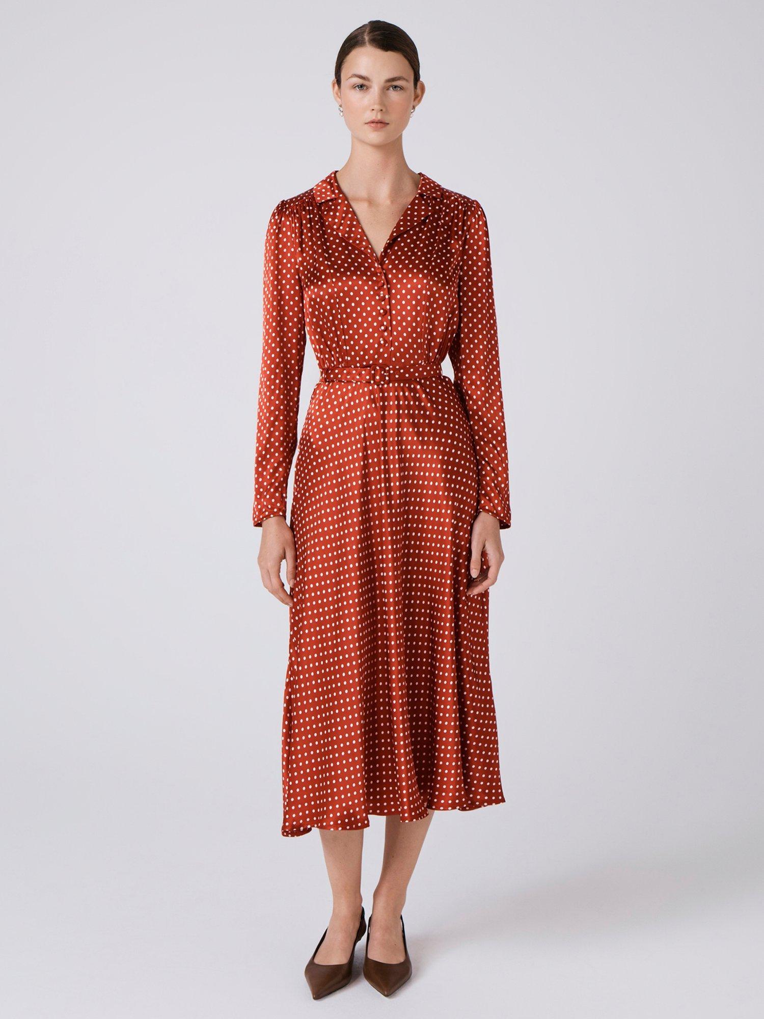 Product image 1 of 6, which shows Ghost Victoria Polka Dot Shirt Dress, Red/Multi, XS