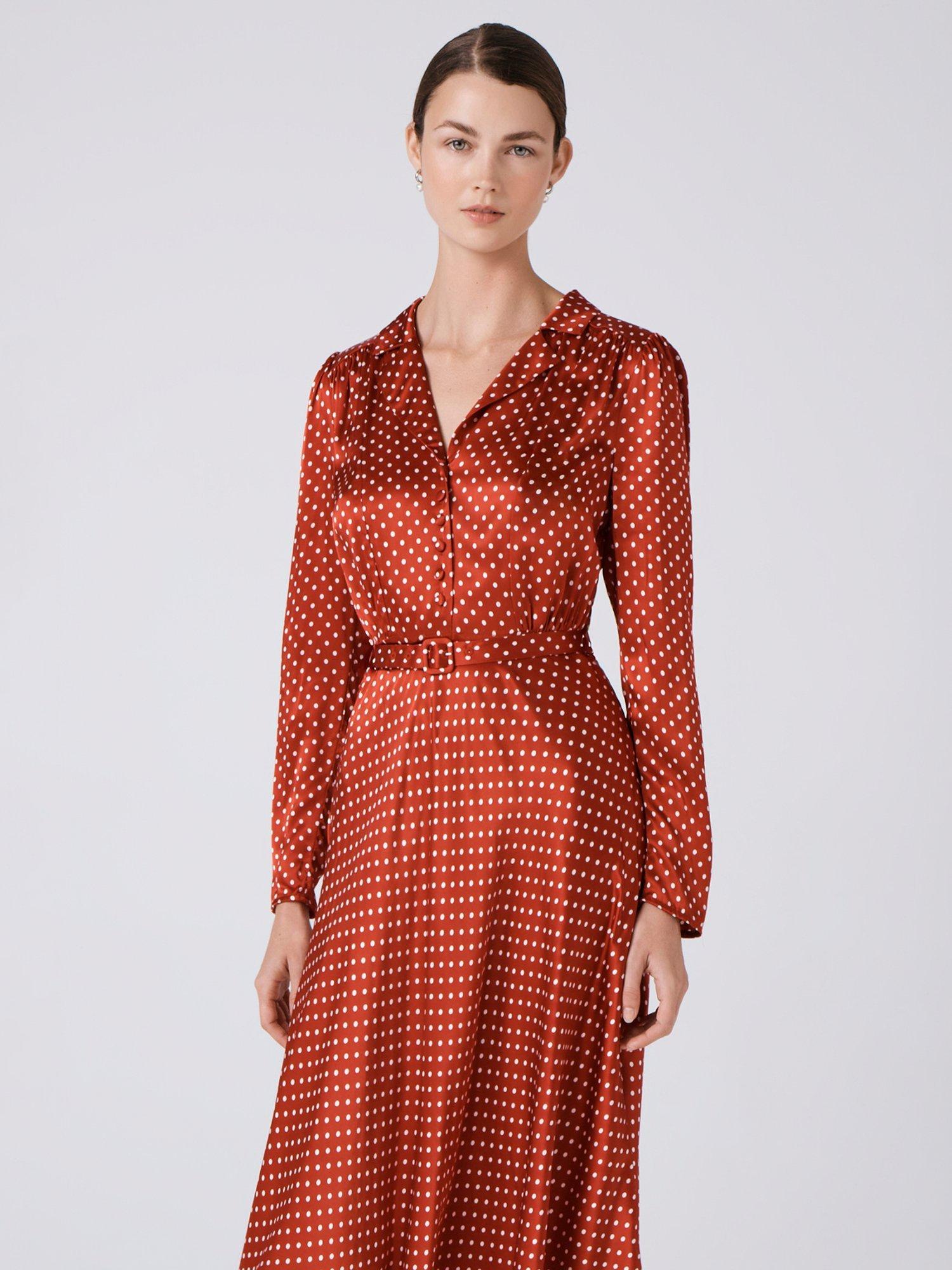 Product image 2 of 6, which shows Ghost Victoria Polka Dot Shirt Dress, Red/Multi, XS