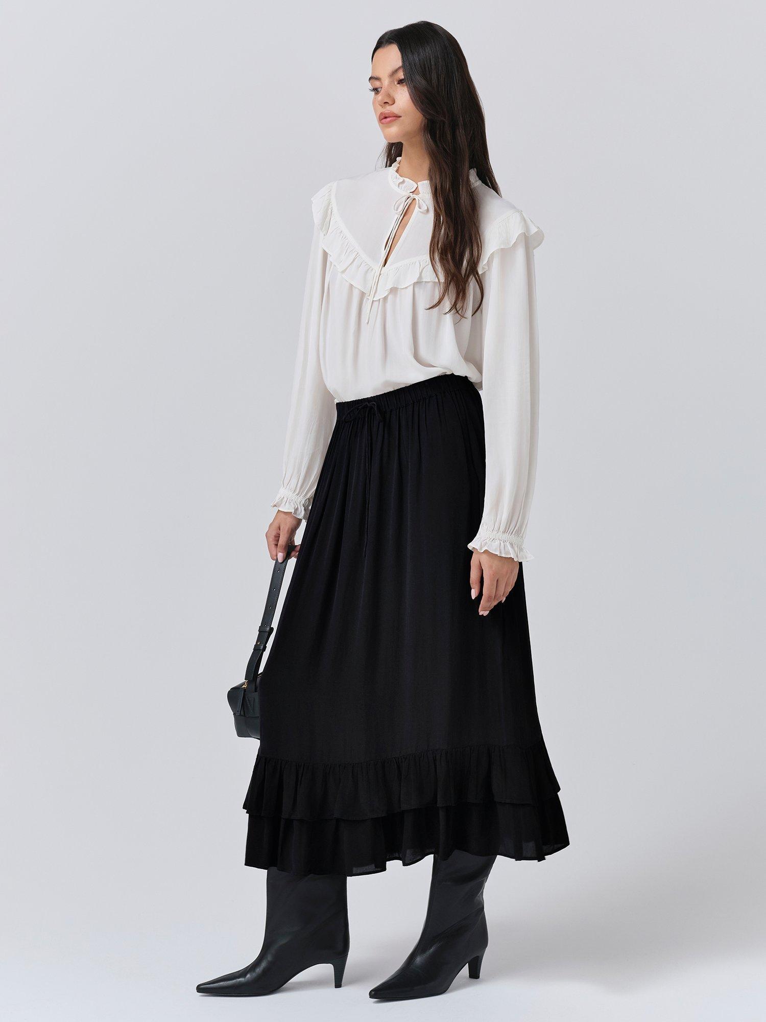 Product image 3 of 3, which shows Ghost Scarlett A-Line Crepe Midi Skirt, Black, XS