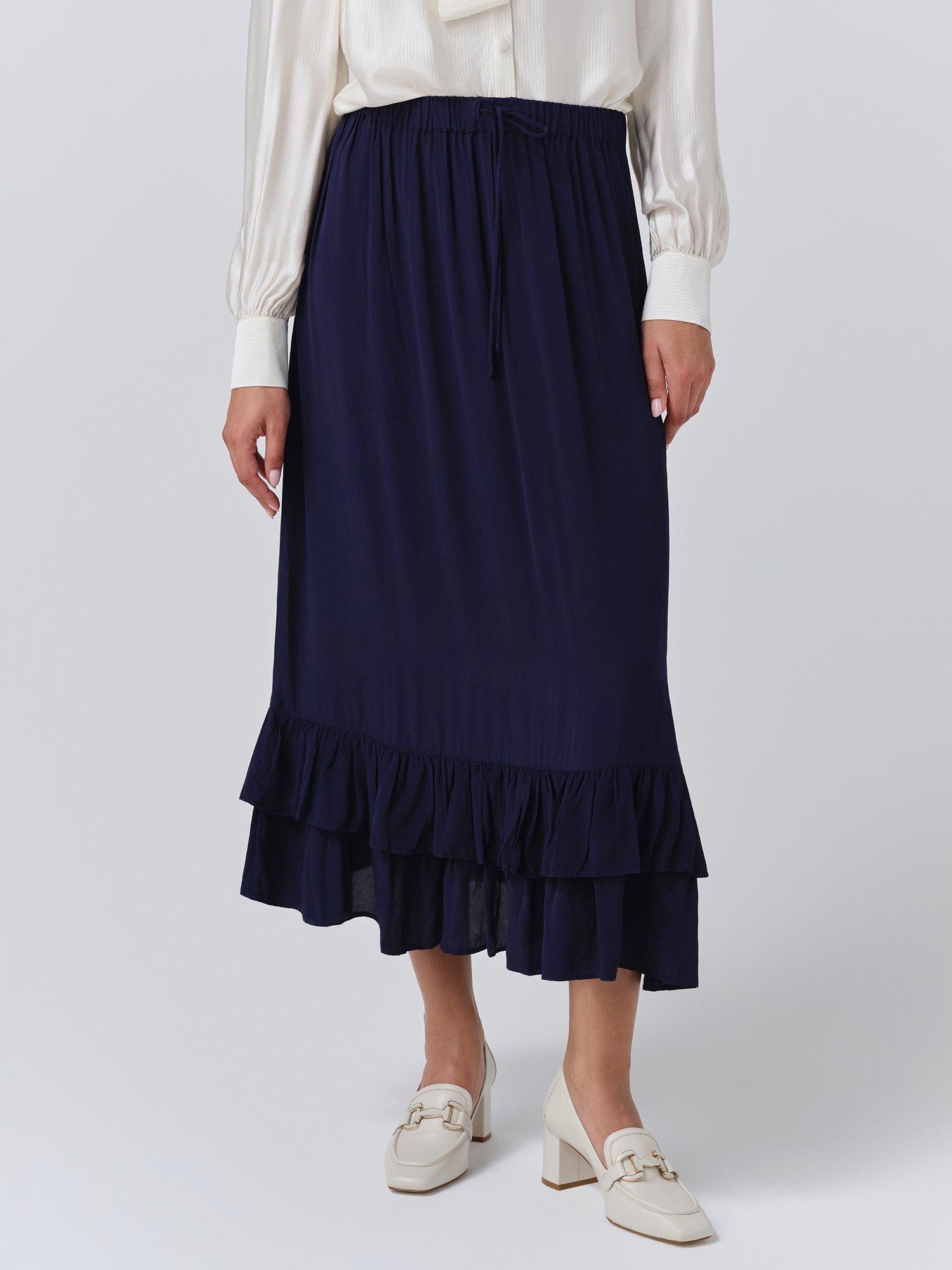 Product image 1 of 5, which shows Ghost Scarlett A-Line Crepe Midi Skirt, Navy, XS