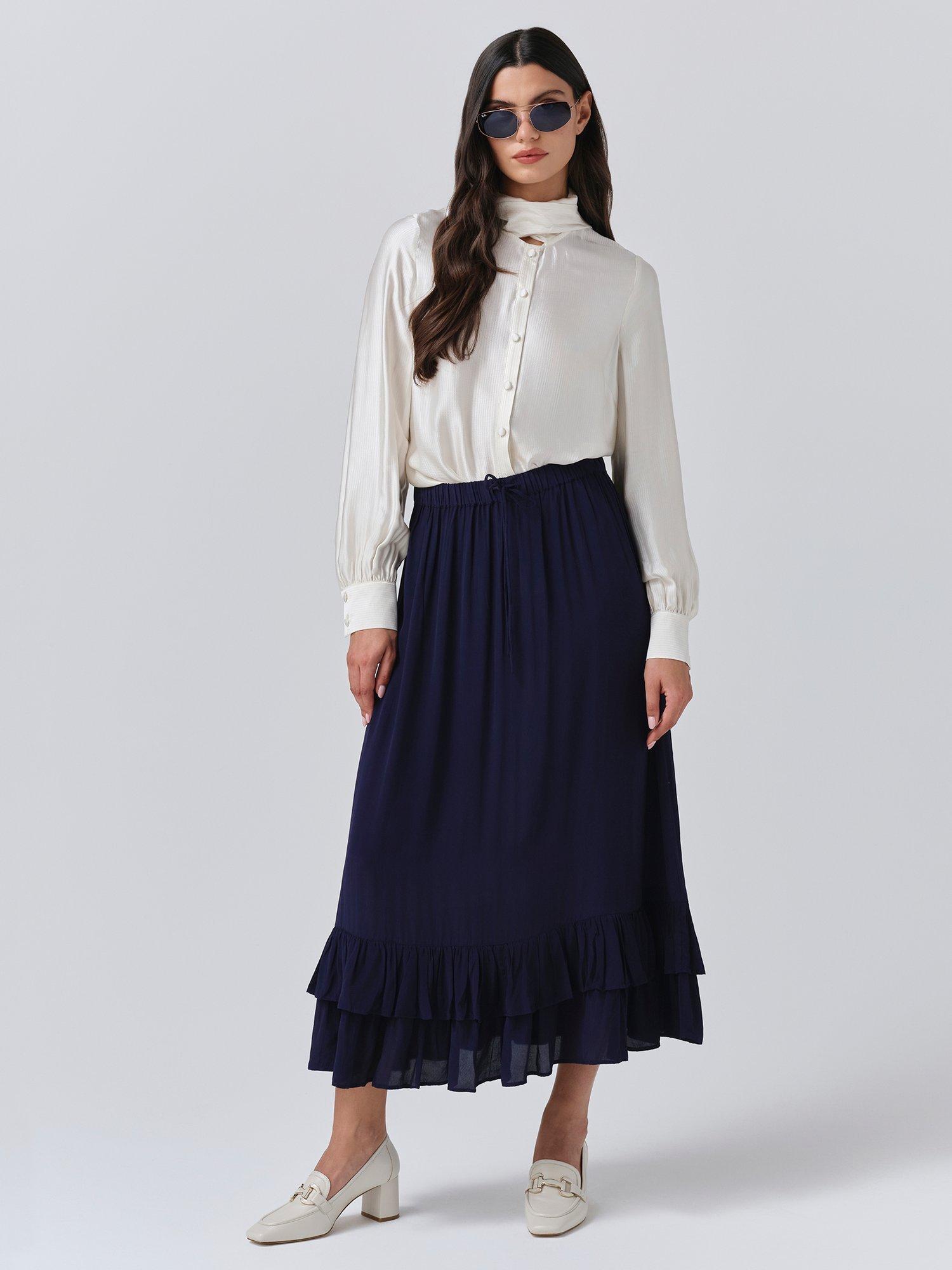 Product image 4 of 5, which shows Ghost Scarlett A-Line Crepe Midi Skirt, Navy, XS