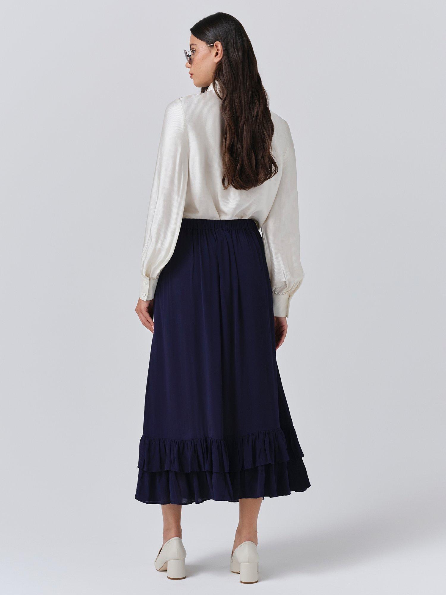 Product image 5 of 5, which shows Ghost Scarlett A-Line Crepe Midi Skirt, Navy, XS