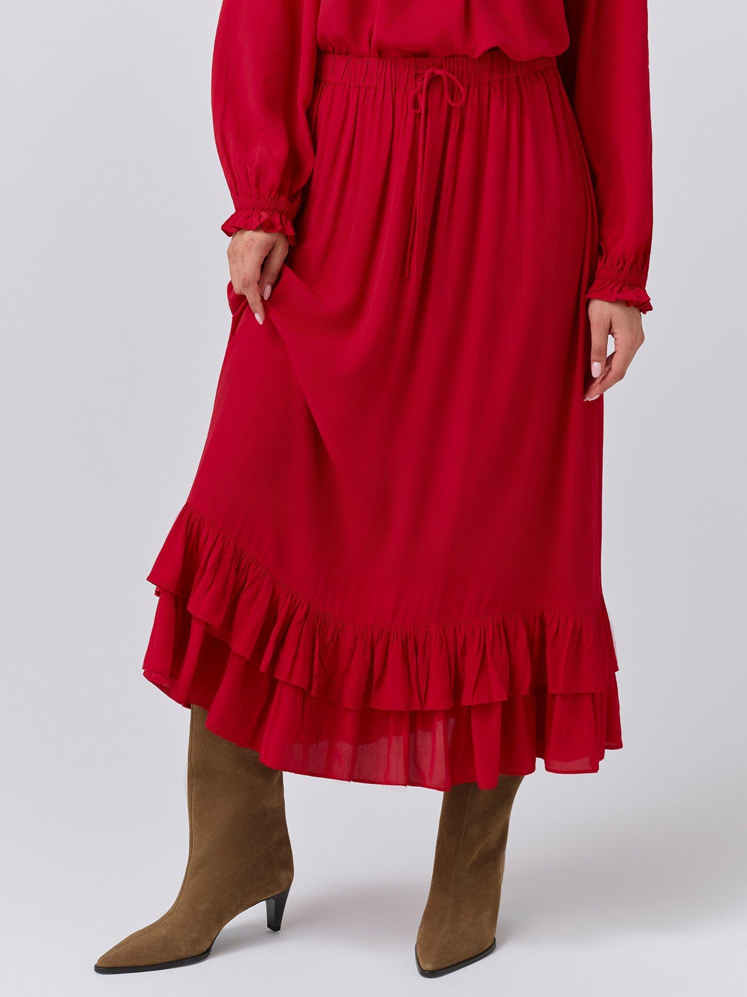 Product image 1 of 5, which shows Ghost Scarlett A-Line Crepe Midi Skirt, Red, XS