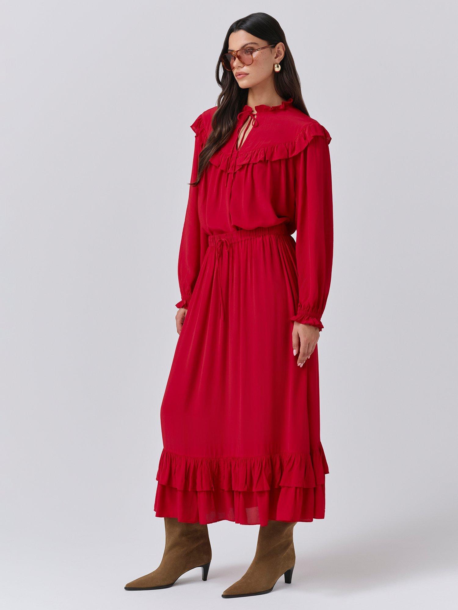 Product image 2 of 5, which shows Ghost Scarlett A-Line Crepe Midi Skirt, Red, XS