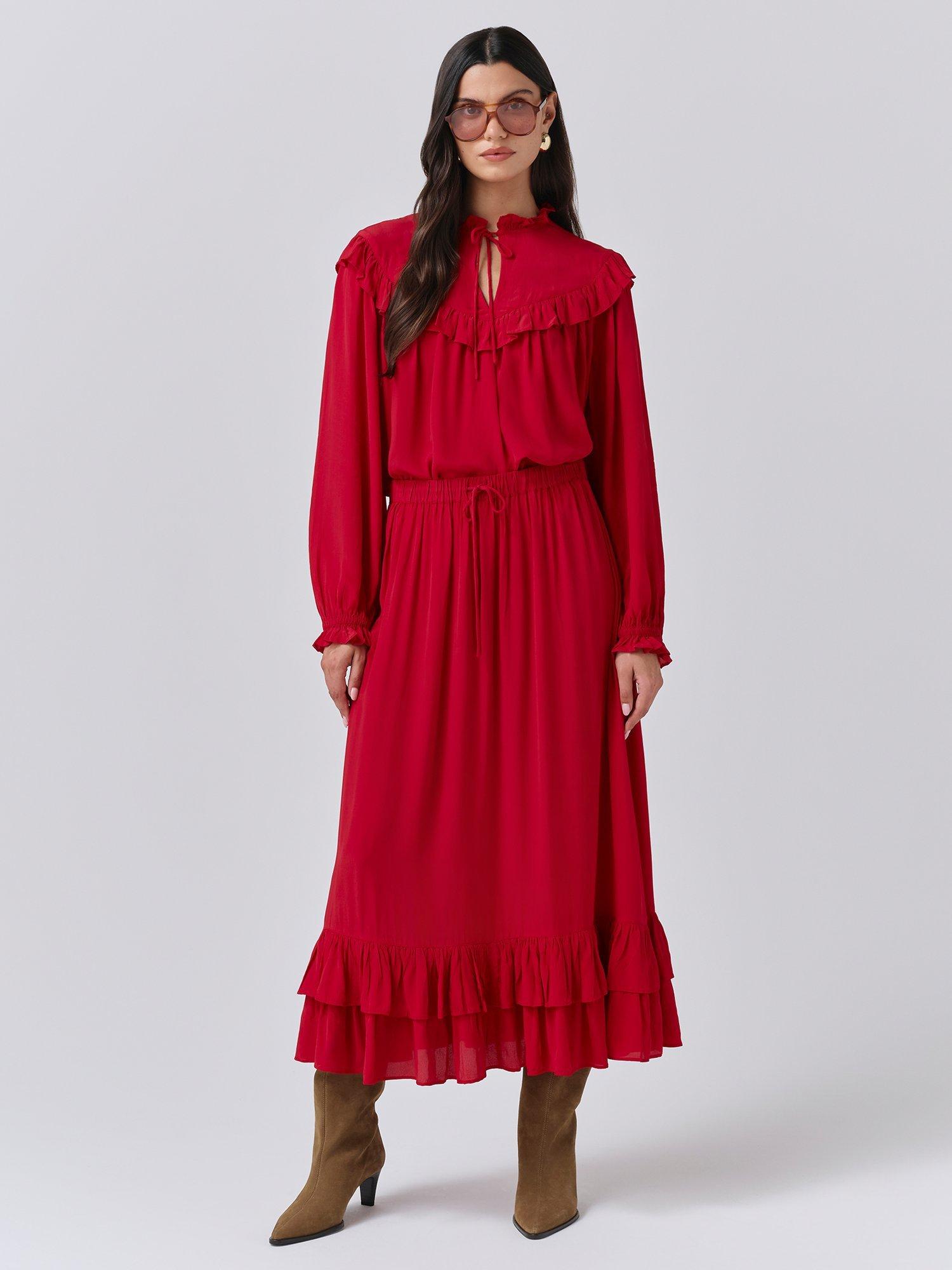 Product image 4 of 5, which shows Ghost Scarlett A-Line Crepe Midi Skirt, Red, XS