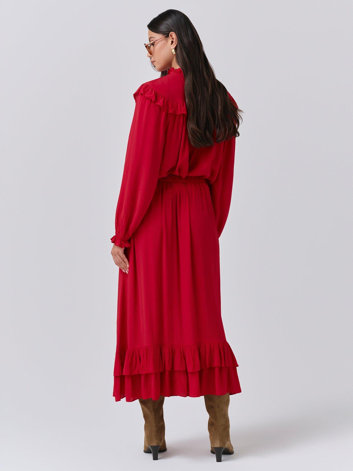 Product image 5 of 5, which shows Ghost Scarlett A-Line Crepe Midi Skirt, Red, XS