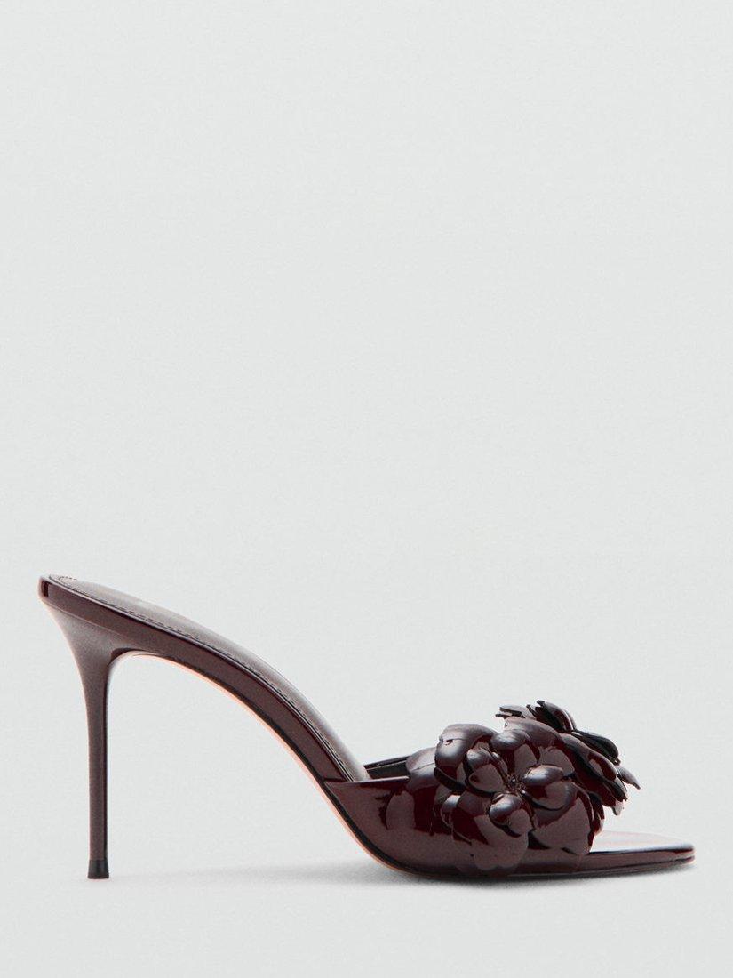 Mango Patent Leather Floral Heeled Sandals, Dark Brown