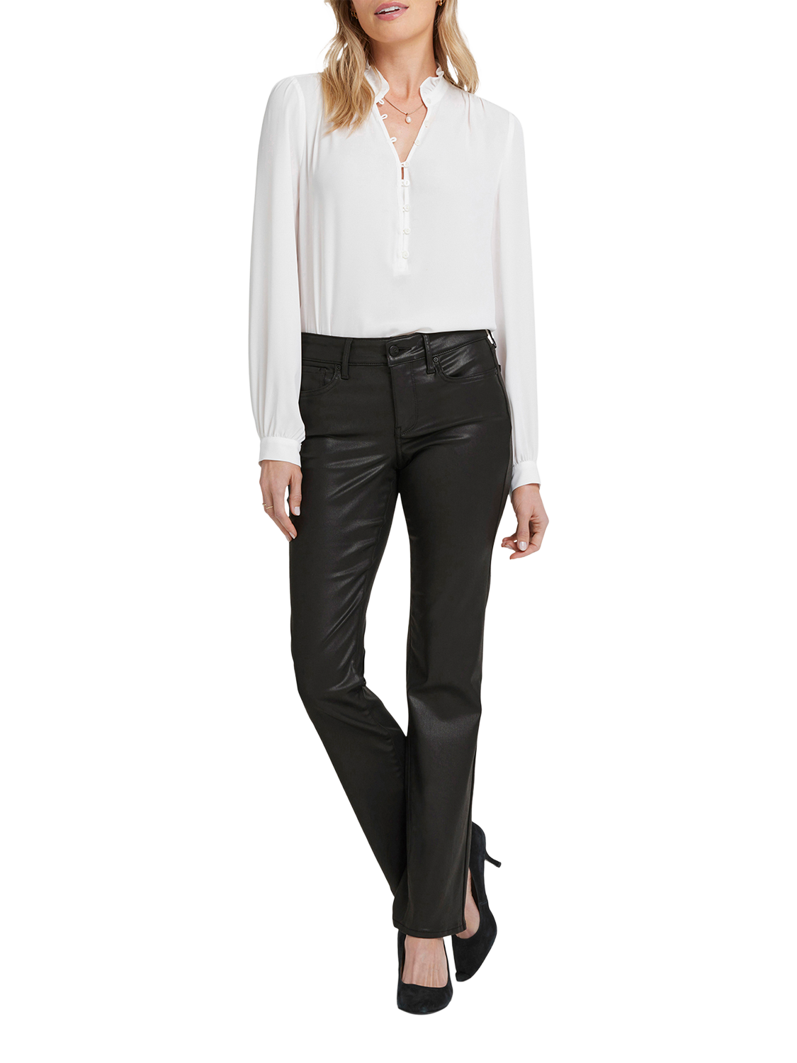 Product image 1 of 6, which shows NYDJ Marilyn Coated Straight Jeans, Black, 4