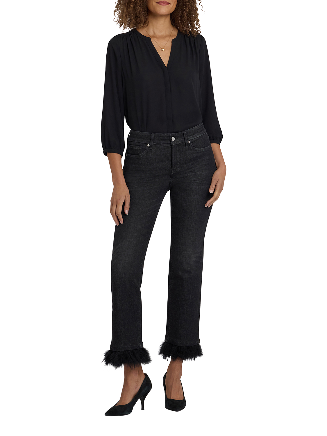 Product image 1 of 6, which shows NYDJ Marilyn Straight Ruffle Hem Jeans, French Nightfall, 4