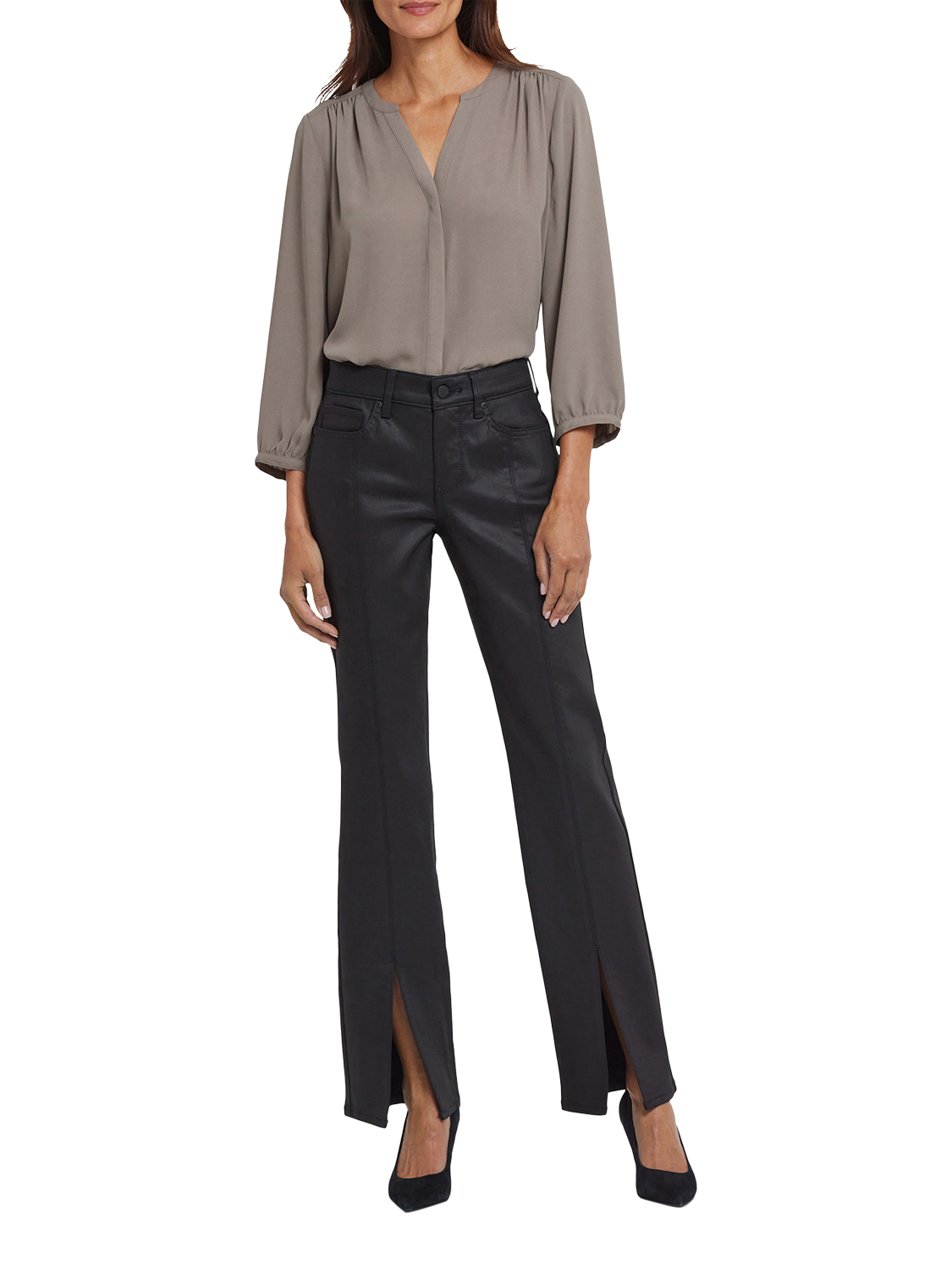 Product image 1 of 5, which shows NYDJ Marilyn Coated Front Slit Straight Jeans, Black, 4