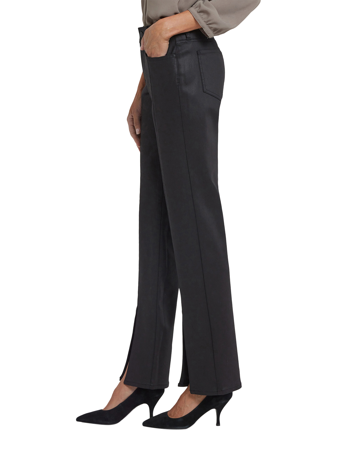 Product image 3 of 5, which shows NYDJ Marilyn Coated Front Slit Straight Jeans, Black, 4