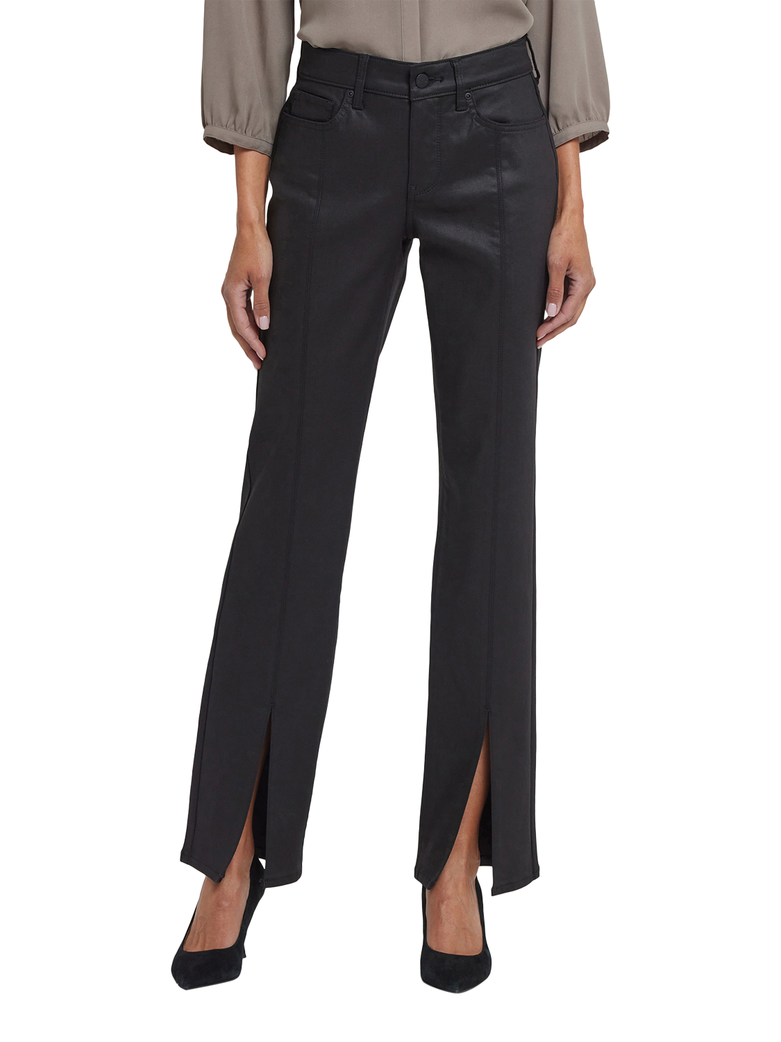 Product image 4 of 5, which shows NYDJ Marilyn Coated Front Slit Straight Jeans, Black, 4