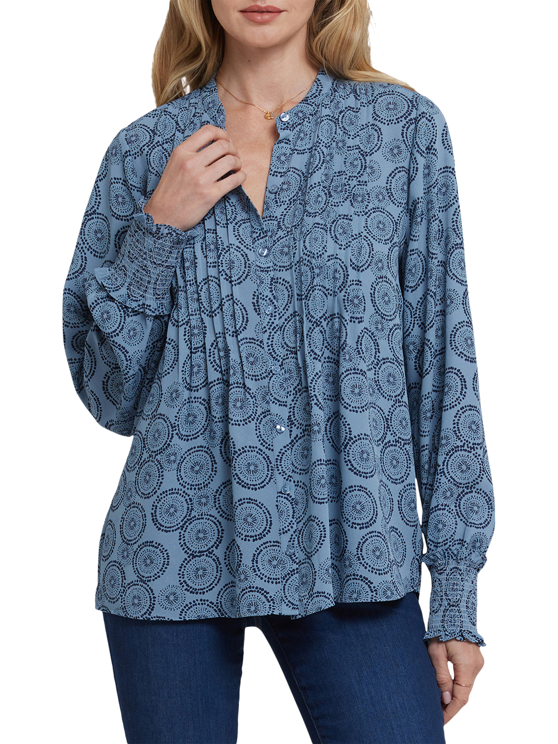 Product image 1 of 5, which shows NYDJ Floral Long Sleeve Button Neck Pleated Peasant Blouse, Rain Garden, XS