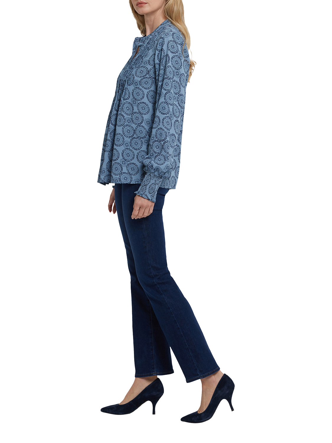 Product image 3 of 5, which shows NYDJ Floral Long Sleeve Button Neck Pleated Peasant Blouse, Rain Garden, XS