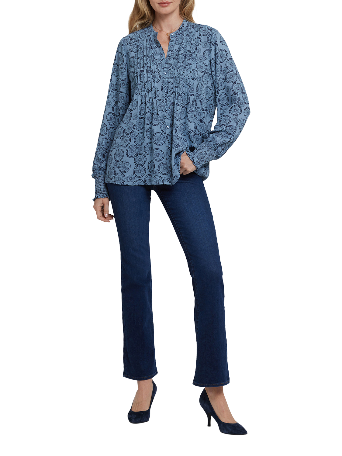 Product image 4 of 5, which shows NYDJ Floral Long Sleeve Button Neck Pleated Peasant Blouse, Rain Garden, XS