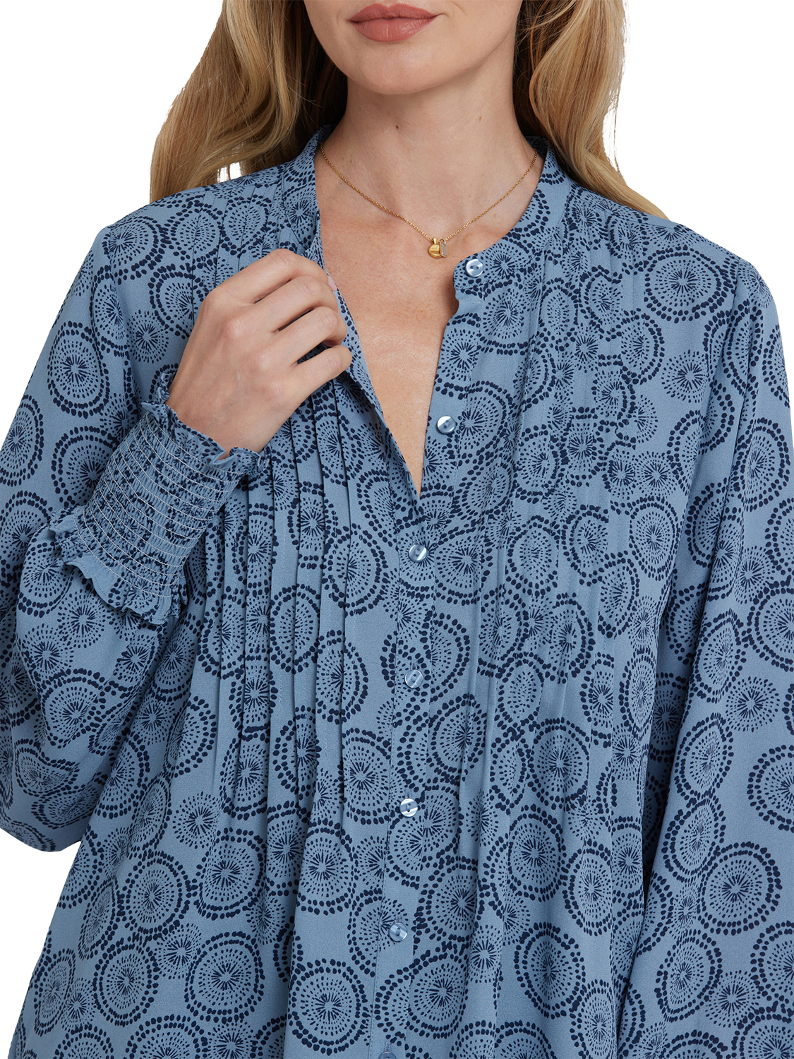 Product image 5 of 5, which shows NYDJ Floral Long Sleeve Button Neck Pleated Peasant Blouse, Rain Garden, XS